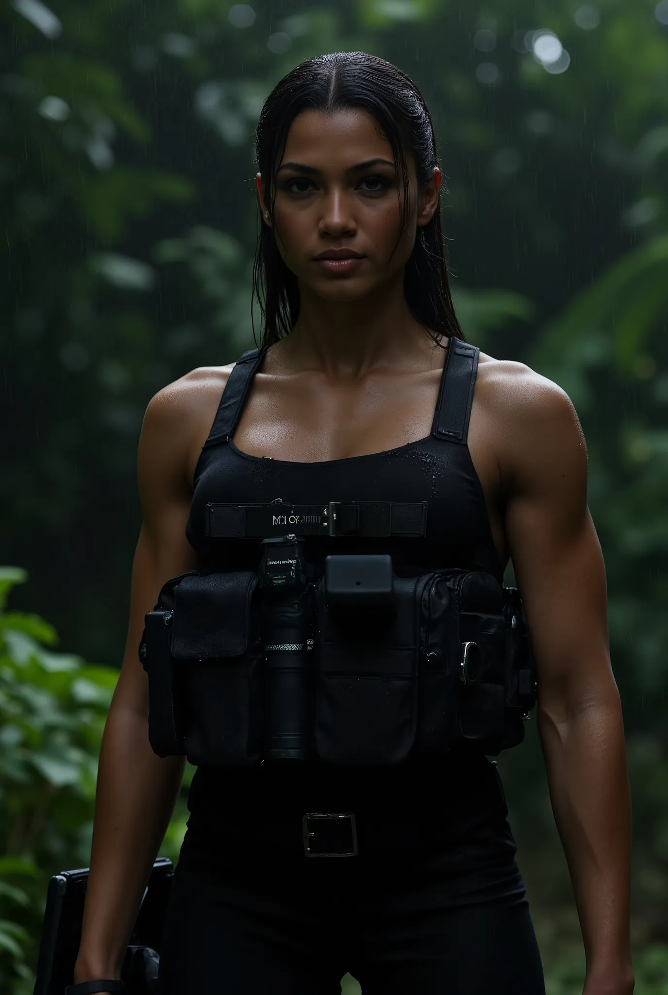 (close-up shot), (facing forwards), looking directly into the camera, A stunning skinny African-American fashion model in full black military gear with tactical vest, utility belt, handgun holster on her side, comm's device, and she is holding a military h...