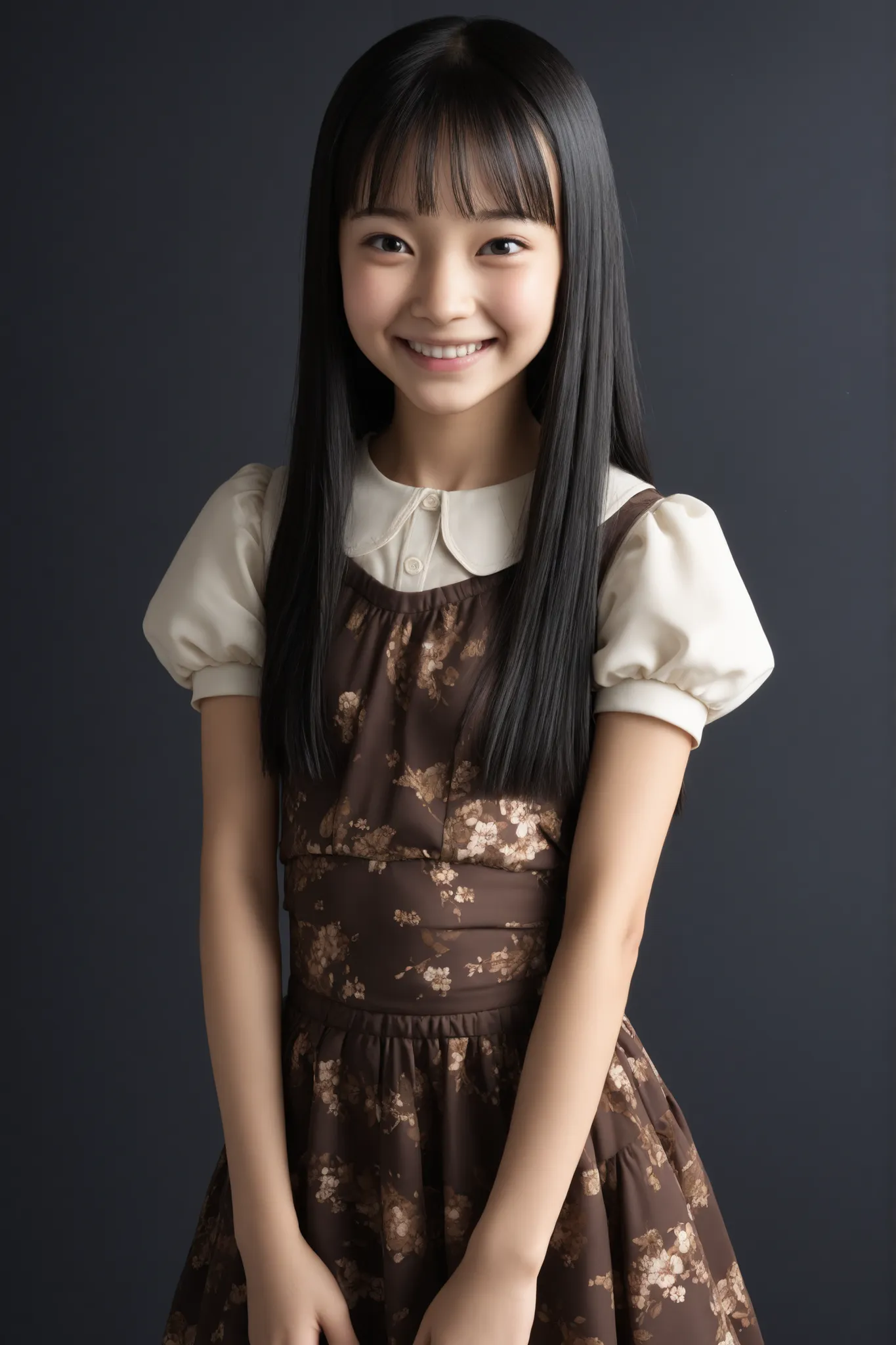 High Quality, masterpiece, A girl with a beautiful face,
break girl,black hair, (straight hair:1.4),(petite bangs:1)
break (12,yo:1)(12,years old,Japanese:1),(around 12:1.4),Tween
break (1girl:1.4),(solo:1.4),(alone:1.4),puff-sleeved top,smile
break (stand...