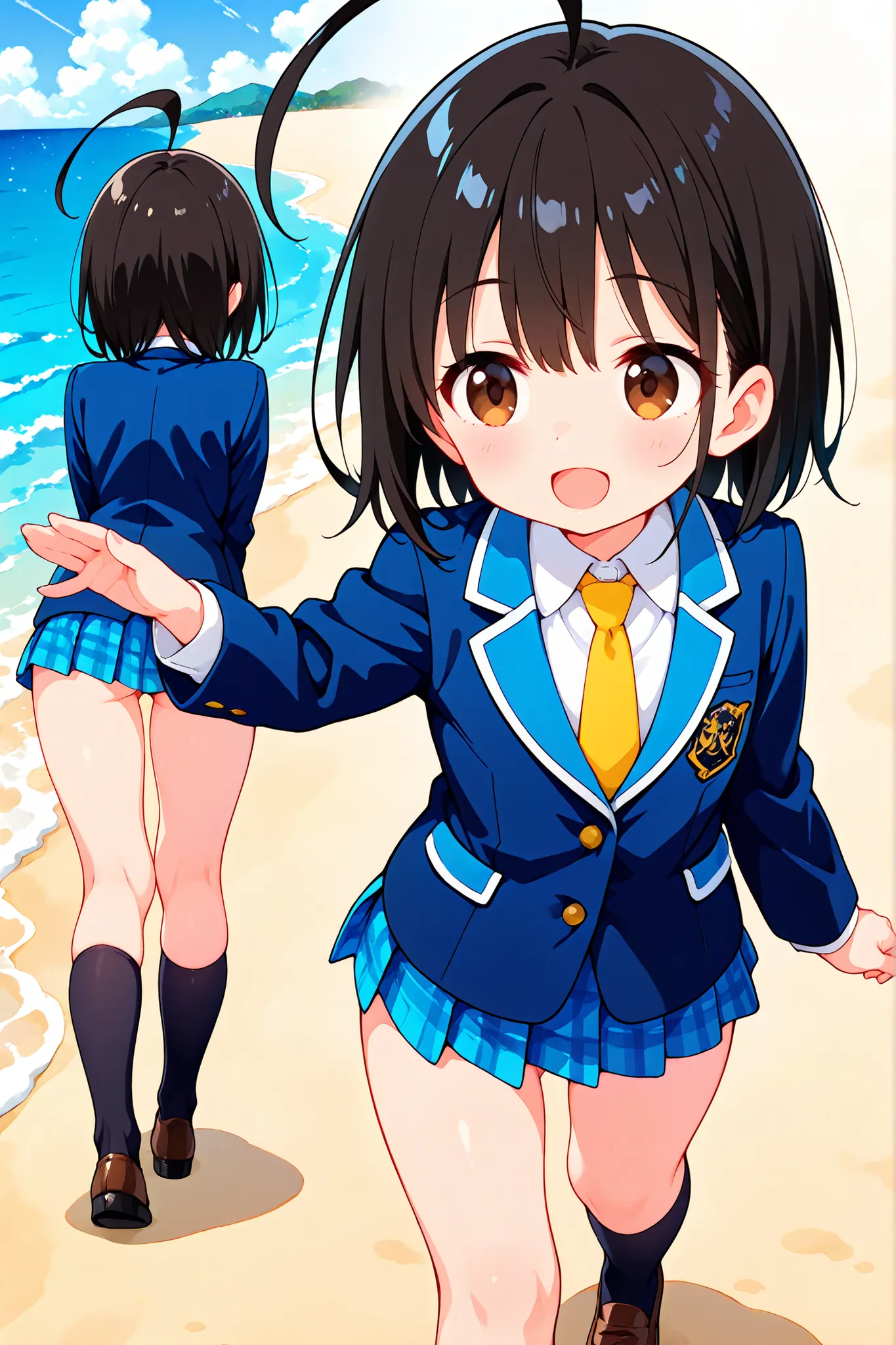 nsfw,((anime style)),score_9, score_8_up, score_7_up,masterpiece, best quality,ultra detail,(((beach))),huge ahoge, negishi masako , 1girl , ((solo)),short hair,black hair ,long bangs,brown eyes,(Flat Chest),school uniform,(((blue blazer))),light blue chec...