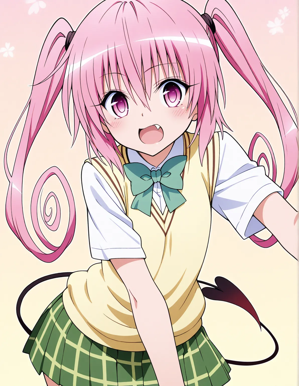 nana asta deviluke, fang, long hair, pink eyes, pink hair, tail, twintails,
green skirt, plaid, plaid skirt, sainan high school uniform, school uniform, skirt, shirt, white shirt, sweater vest, yellow sweater vest,