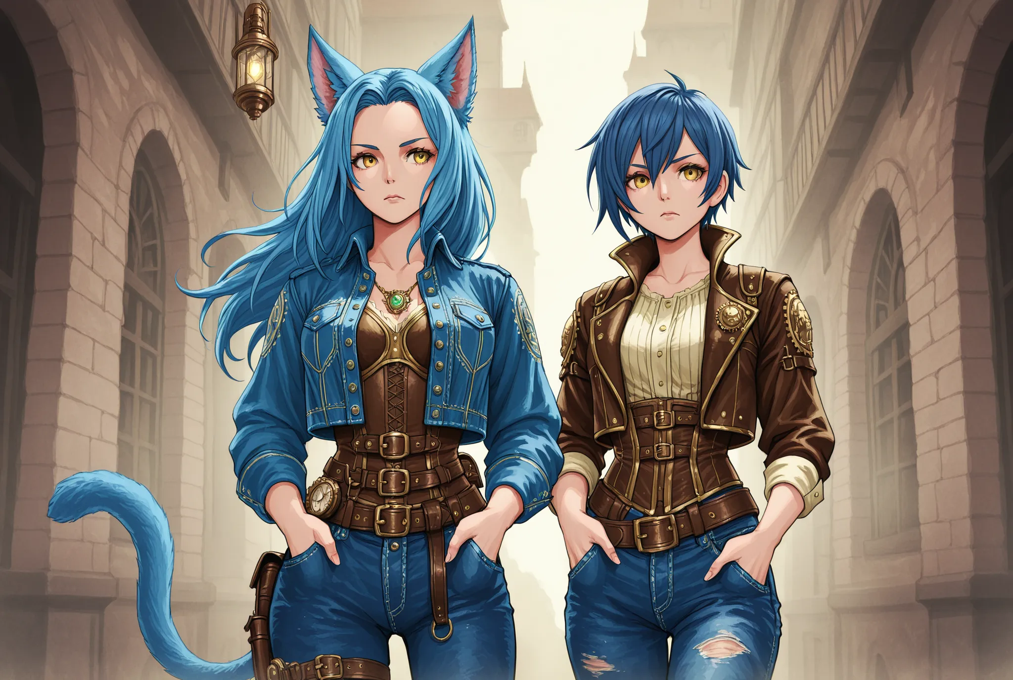a fierce anthropomorphic cat warrior with long wild blue hair, wearing patched leather and denim clothes, standing confidently with hands in pockets, intense golden eyes, fantasy steampunk vibe, detailed clothing, rustic jewelry and belts, bright splashes ...