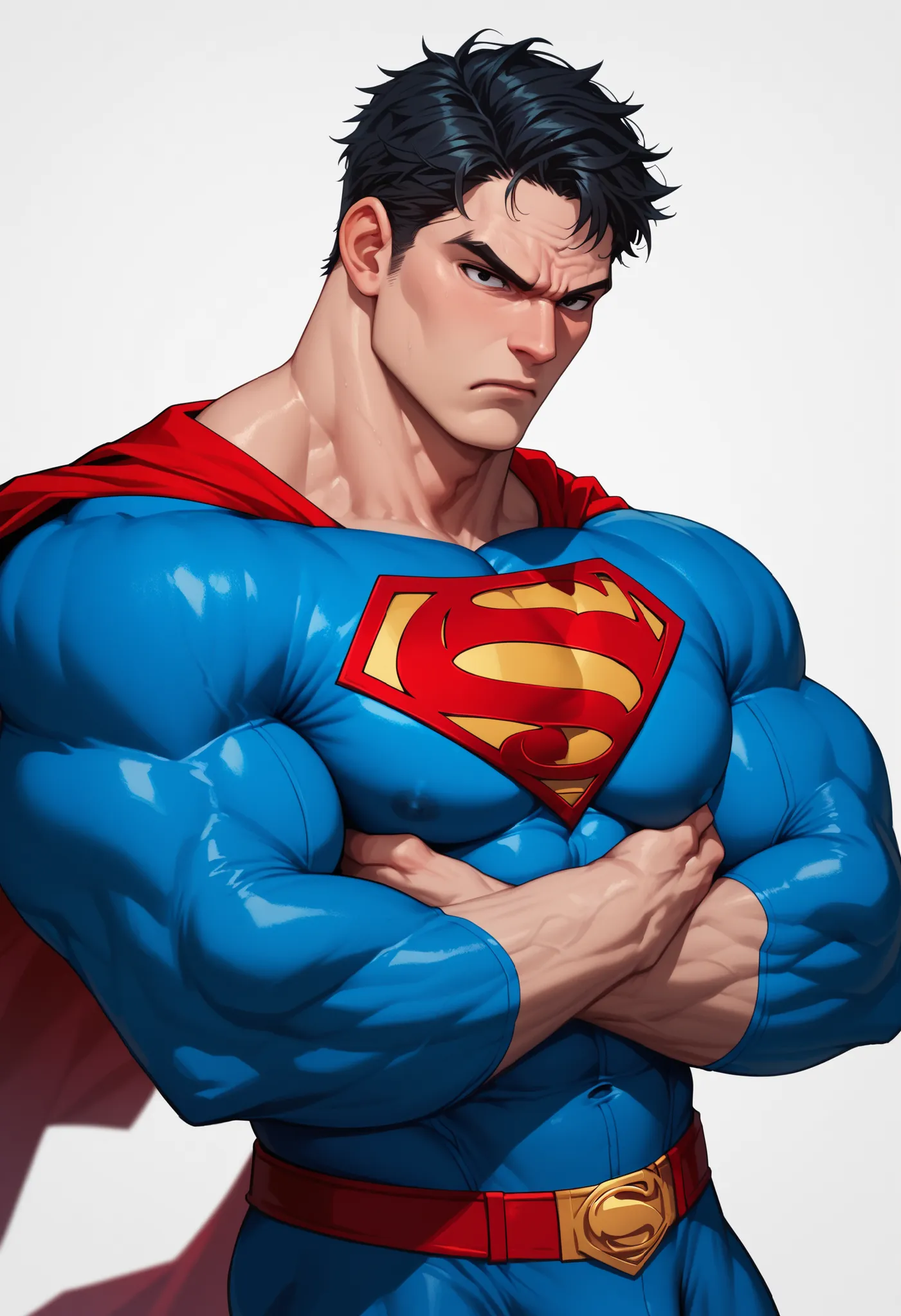 ((White background )) , rathing_questionable , solo MAN (1man) , 40 years old , black short hair , black EYES , strong , ((superman:1.4)) ,((hyper muscular:0.9)) (muscular) angry