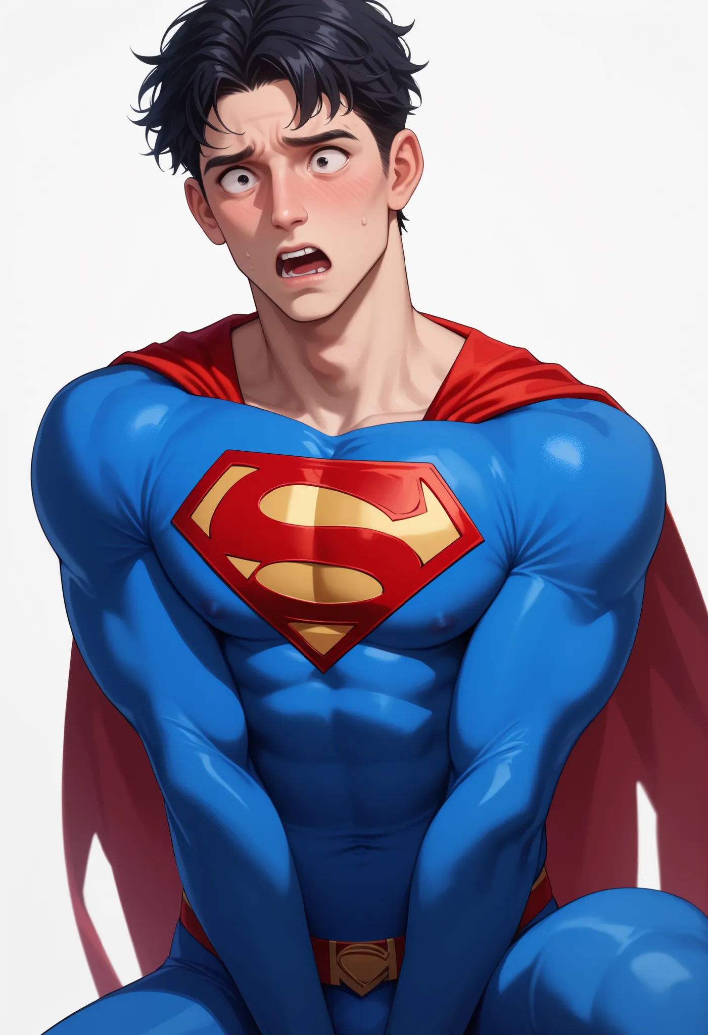 ((White background )) , rathing_questionable , solo MAN (1man) , 40 years old , black short hair , black EYES , ((Superman costume:1.1)) ,((very skinny:0.9)) Very shocked (((very thin:1.4))) Very shocked, Kneel on the floor ,((Very weak)) , very gaun...