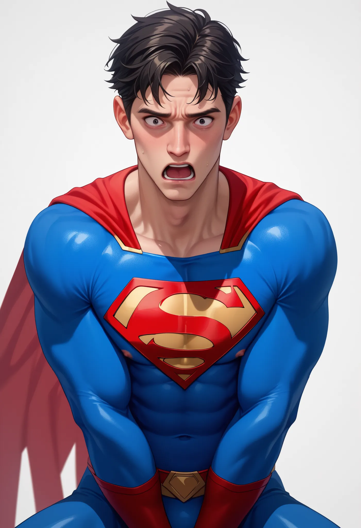 ((White background )) , rathing_questionable , solo MAN (1man) , 40 years old , black short hair , black EYES , ((Superman costume:1.2)) ,((very skinny:0.9)) Very shocked (((very thin:1.4))) Very shocked, Kneel on the floor ,((Very weak)) , very gaun...