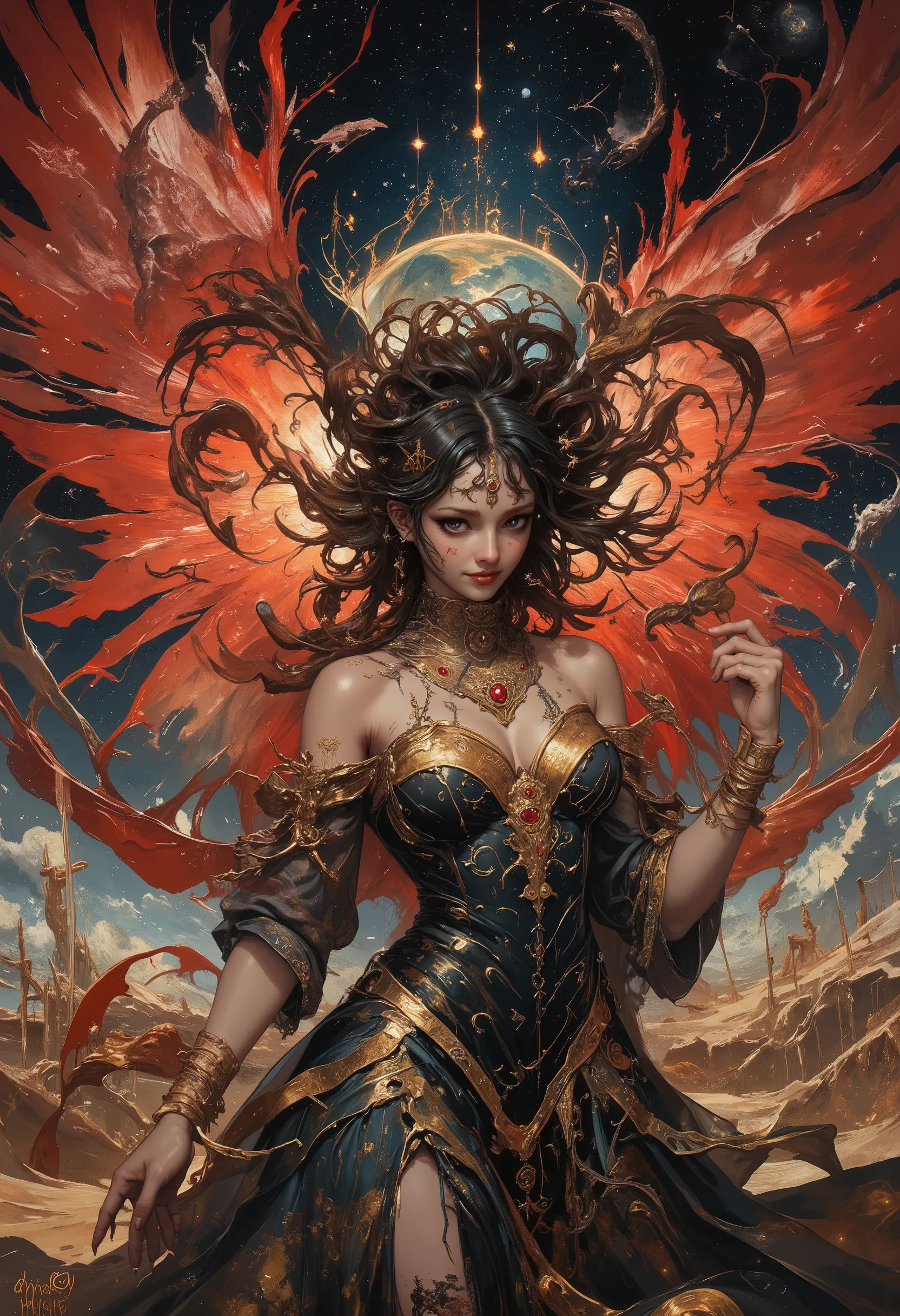   Dreamlike world 
deep shadows
cinematic darkness
underexposed
chiaroscuro
atmospheric haze
low-key lighting. We find a captivating , caramel skinned goddess looking ravishing and earthy with a statuesque and curvy physique, adorned in a black corset dres...