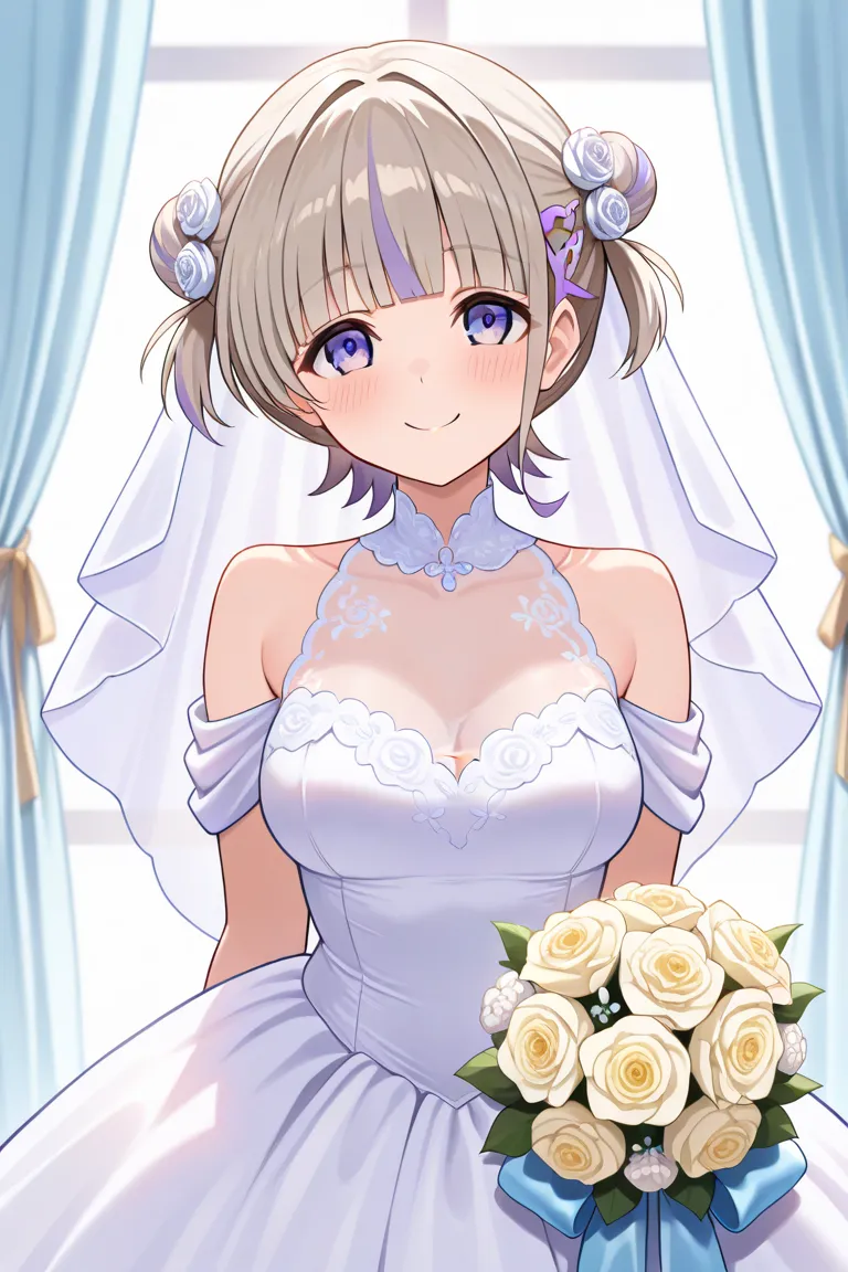 masterpiece,best quality,{{detailed beautiful face and eyes}}, very detailed background,
Todoroki Hajime,short hair,multicolored hair,grey hair,blunt bangs,two side up,hairclip,light purple eyes,medium breasts,
solo,1girl,hairstyle: (wedding bun:1.2)
Outfit: (wedding dress,intricate dress, ball gown, bridal veil, bride, curtains, looking at viewer,
depth of field, dress, flower, hair flower, hair ornament, see-through,white flower, white rose:1.1),(full-face smile:1.3)