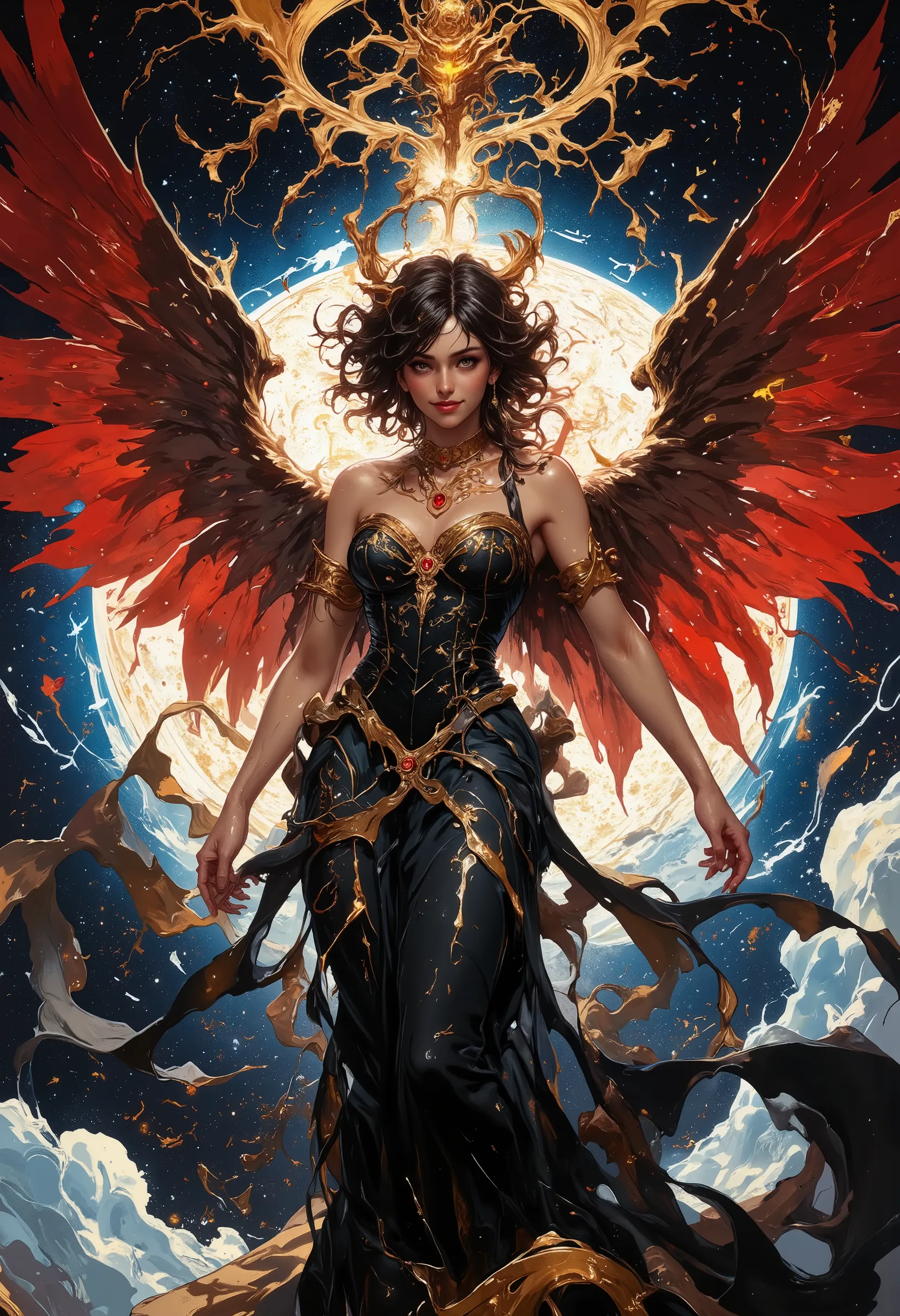 Dreamlike world
deep shadows
cinematic darkness
underexposed
chiaroscuro
atmospheric haze
low-key lighting. We find a captivating , caramel skinned goddess looking ravishing and earthy with a statuesque and curvy physique, adorned in a black corset dres...