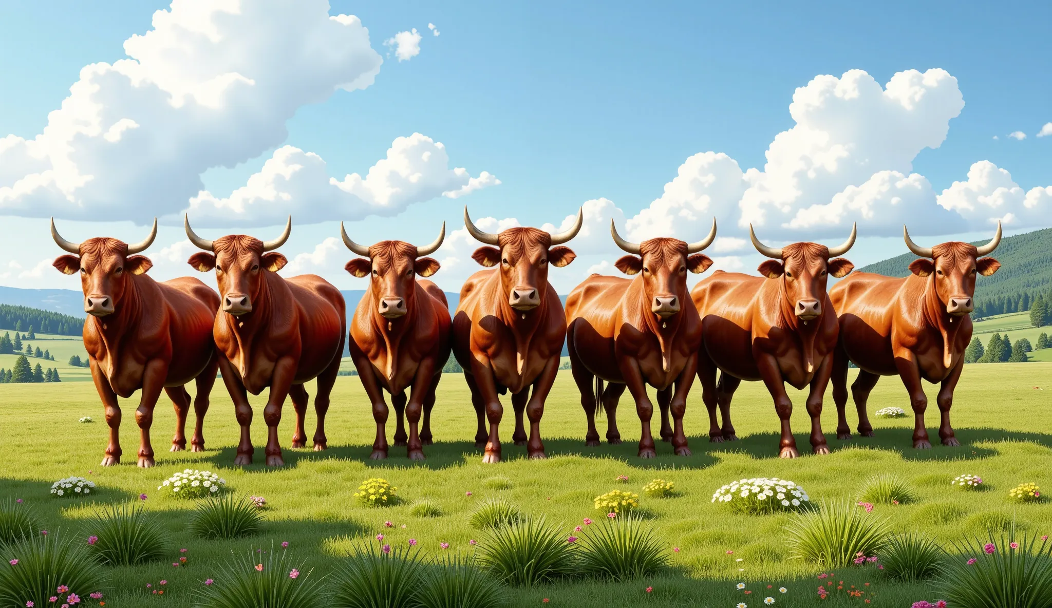 A realistic image of a herd of red cattle in a green pasture under a blue sky.