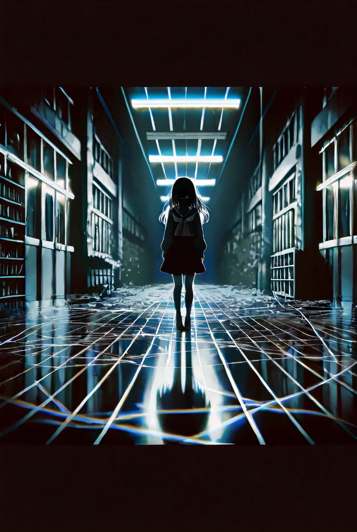 Dark school corridor. the light flickers . Suddenly, behind the main character, right in the air, leaves the portal step by step, a portal begins to open — a round distorted space, , it's like the fabric of reality is breaking. A girl in a school uniform. ...