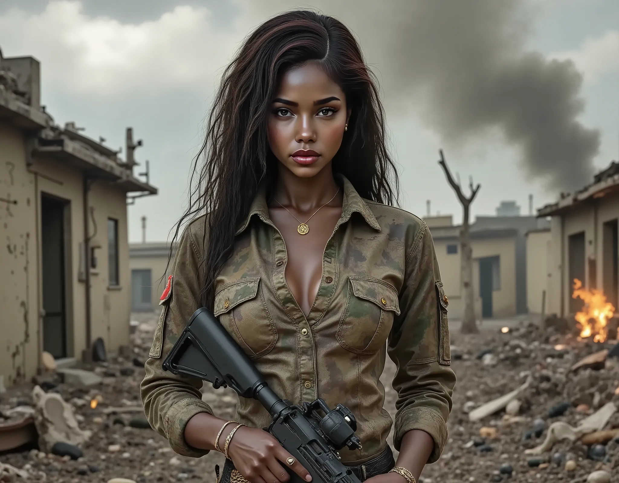woman, army soldier, combat army fatigues, assault rifle, warzone, camouflage