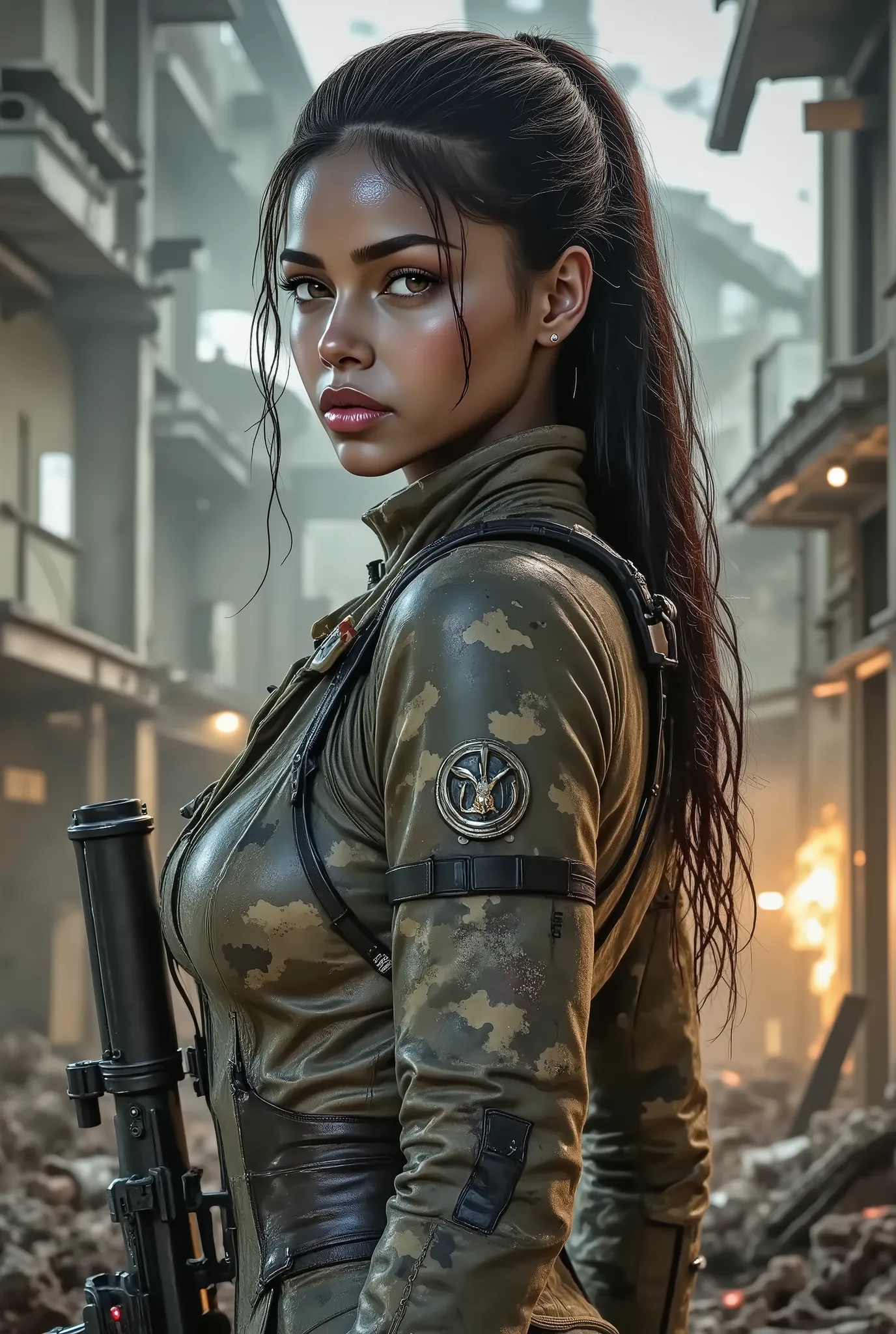 woman, army soldier, combat army fatigues, assault rifle, warzone, camouflage