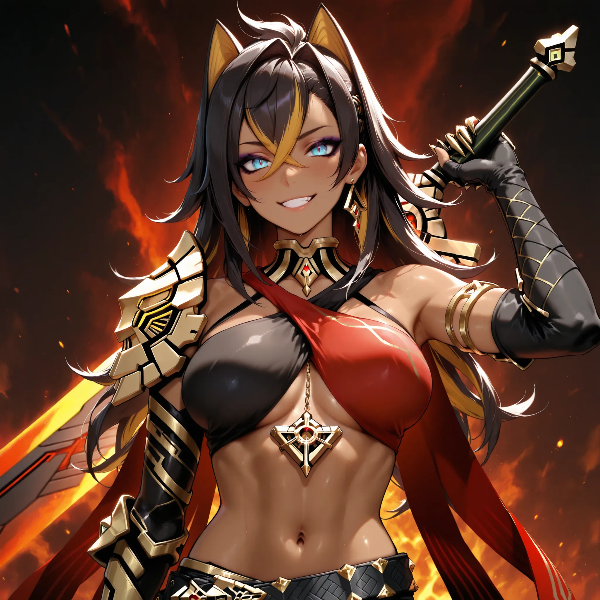 masterpiece, best quality, amazing quality, very aesthetic, high resolution, ultra-detailed, absurdres, newest, Dehya, standing, clothing, smiling, upper body shot holding a large sword, sword on shoulder, dynamic red babstract background
