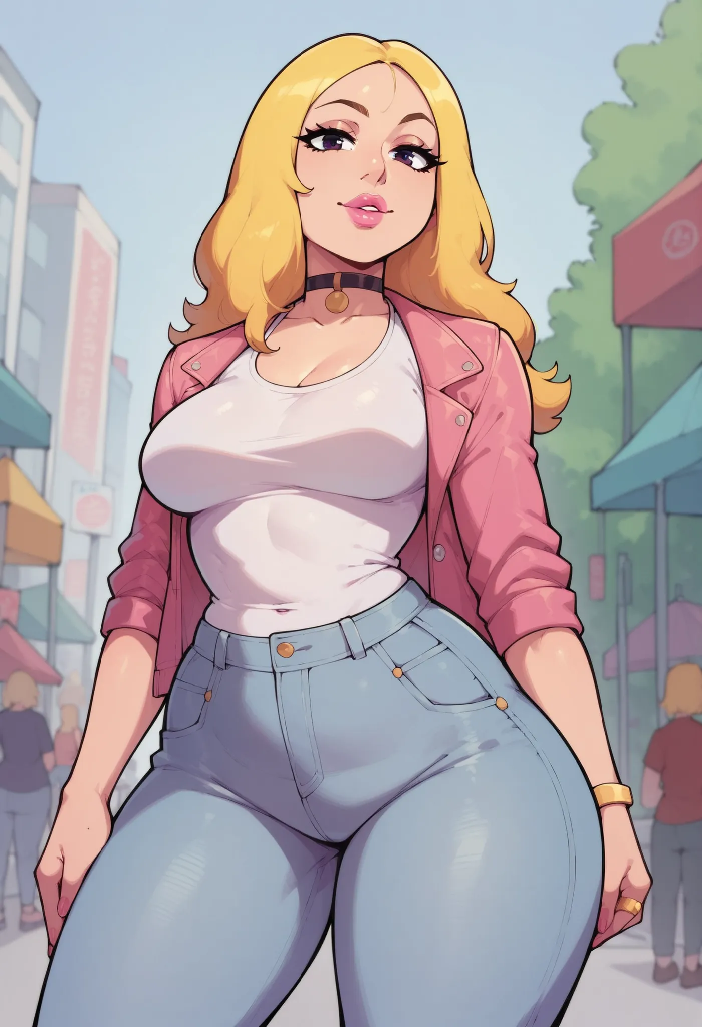 Score_8_up, 1girl, solo, Score_9, Francine, Score_29_up, Solo, Francine Smith, looking at viewer, pink lipstick, choker, Blonde hair, medium breasts, huge hips. long hair.| trimmed jacket , tsirt . jeans , cowboy shot , dutch angle , public indecency , non...