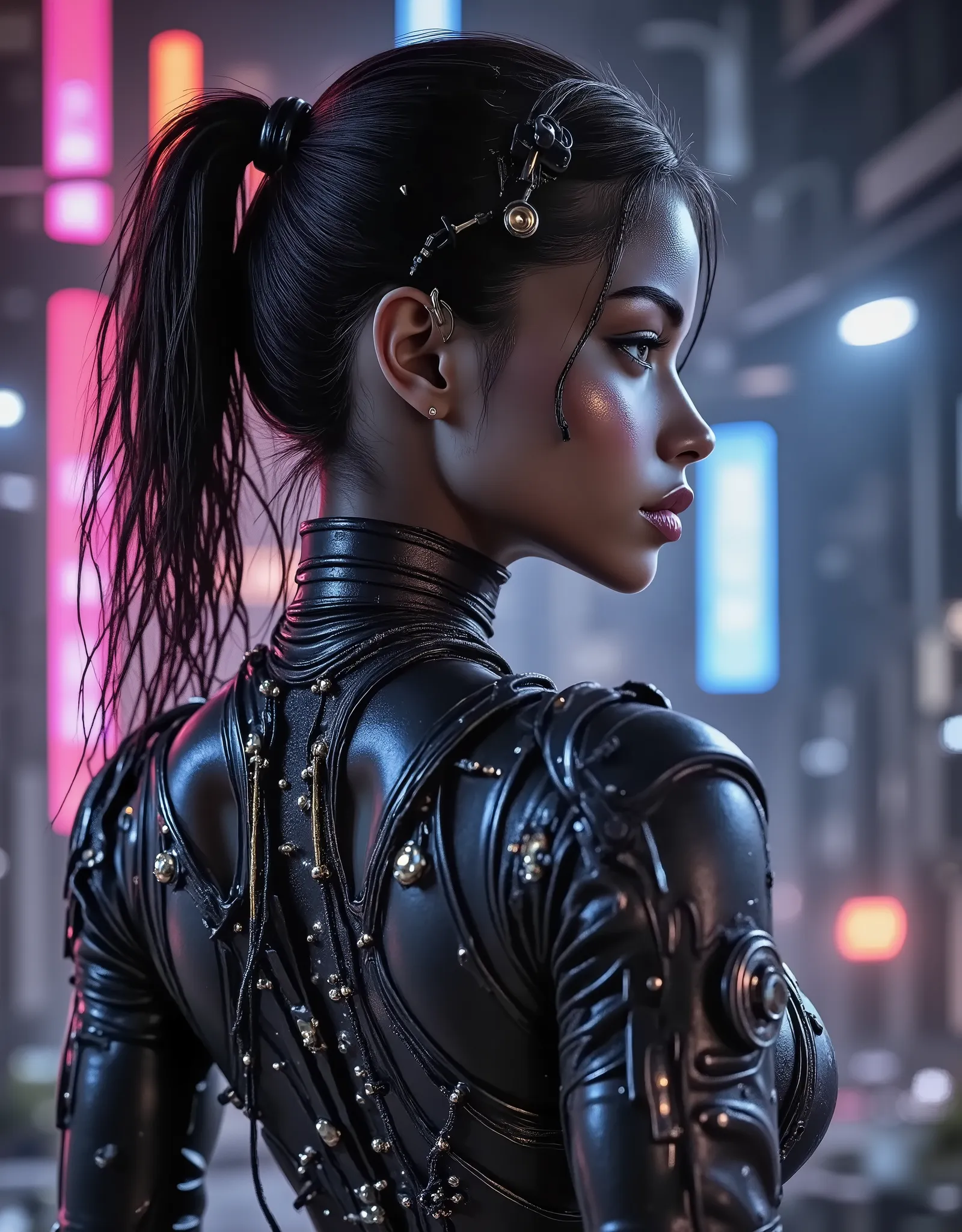 cyborg woman, cyberpunk, neon lights, robotic, terminator, scifi
