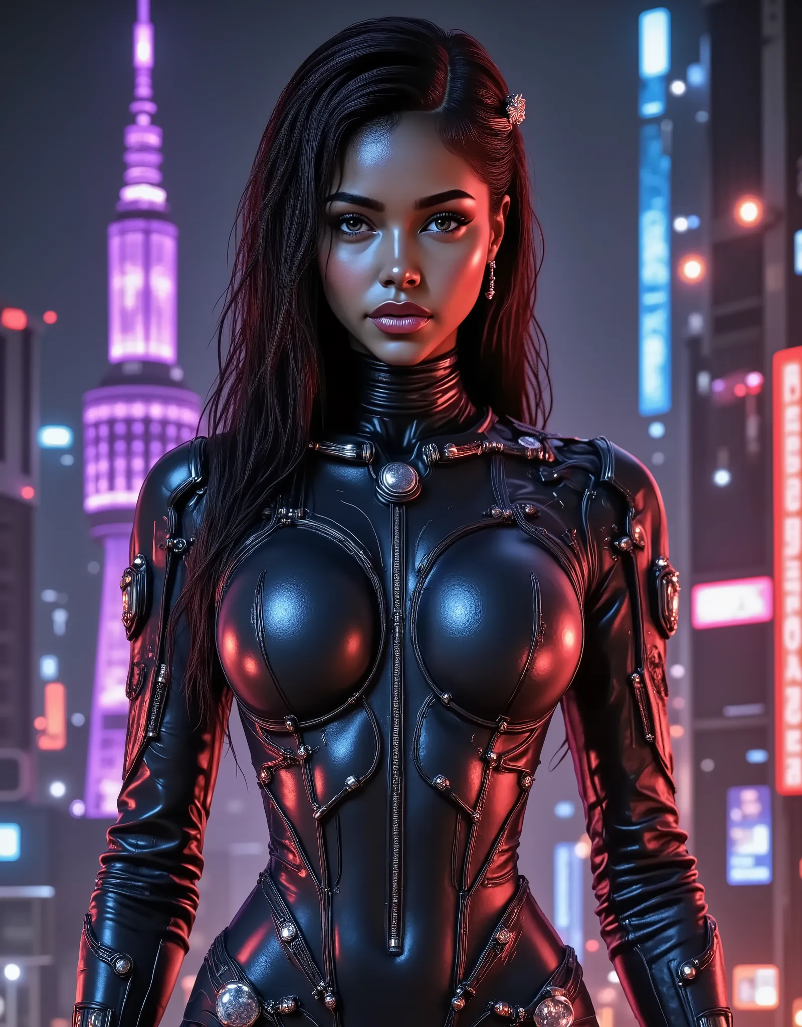 cyborg woman, cyberpunk, neon lights, robotic, terminator, scifi