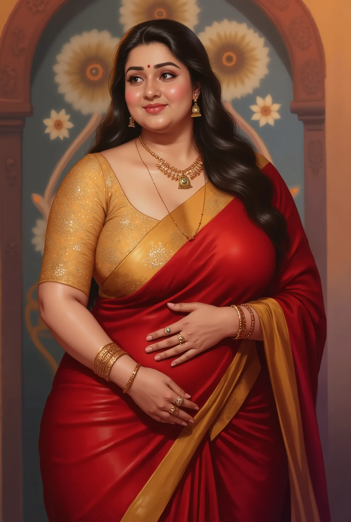 (Centered composition, cinematic lighting, detailed background) — A high-resolution, ultra-detailed painting in the style of renowned Indian artist Manimala, mature South Asian woman, chubby woman, voluptuous figure, full-figured, fleshy curves, Indian aun...