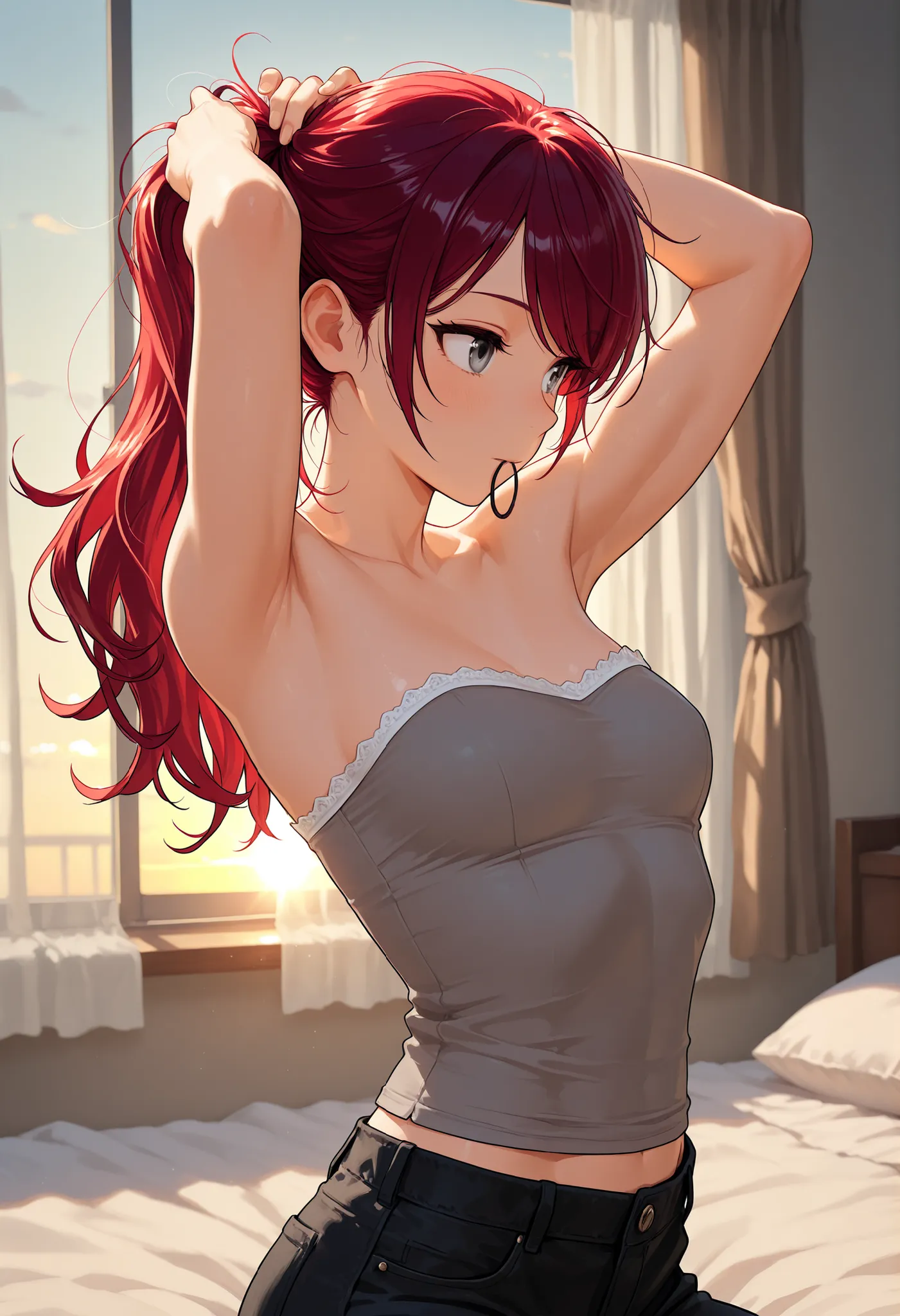 (masterpiece:1.2, Best Quality), (finely detailed beautiful eye: 1.2), (beautiful detailed face),1girl, stoic, looking to the side, beautiful face, Gray eyes, Dark red hair, swept bangs, long hair, strapless sleeveless shirt, gray shirt, shirt with white t...
