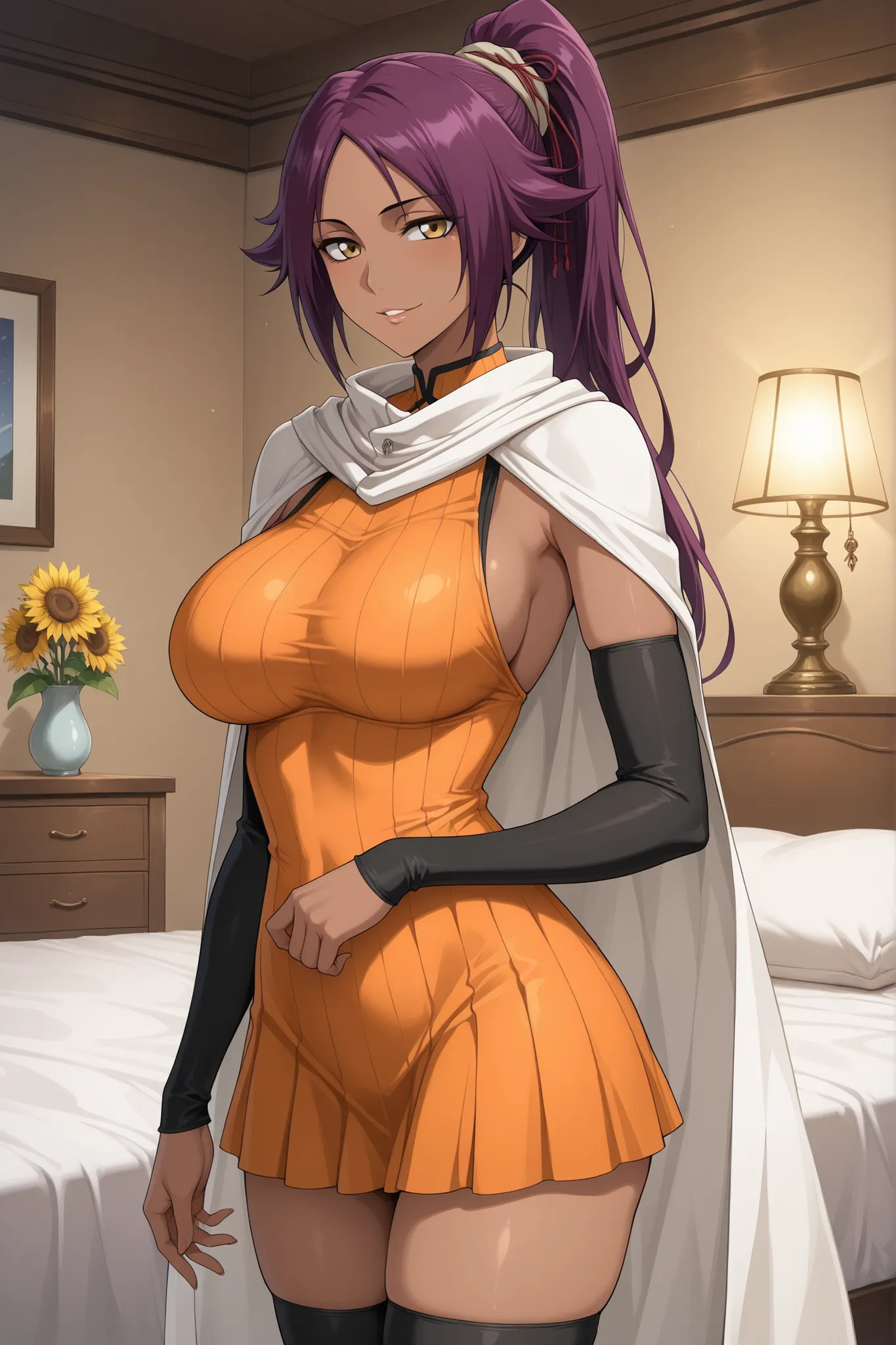	Yoruichi Shihouin\(Bleach\),
long hair, purple hair, ponytail, dark skin, yellow eyes,

	Yoruichi Shihouin\(Bleach\) outfit,
orange short dress,
white cape, 
black tighhighs, 
black detached sleeves, 

bedroom, white bed, large pillow, wooden nightstand, ...