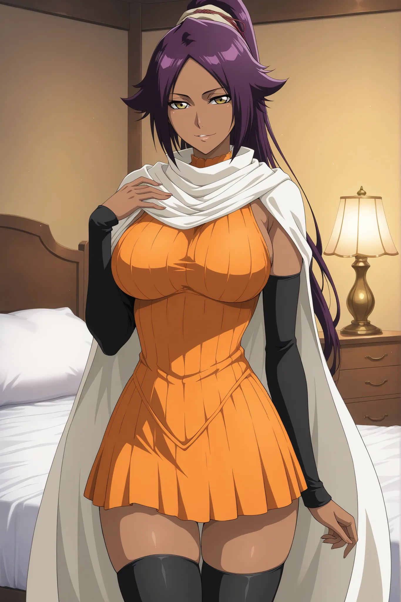 	Yoruichi Shihouin\(Bleach\),
long hair, purple hair, ponytail, dark skin, yellow eyes,

	Yoruichi Shihouin\(Bleach\) outfit,
orange short dress,
white cape, 
black tighhighs, 
black detached sleeves, 

bedroom, white bed, large pillow, wooden nightstand, ...