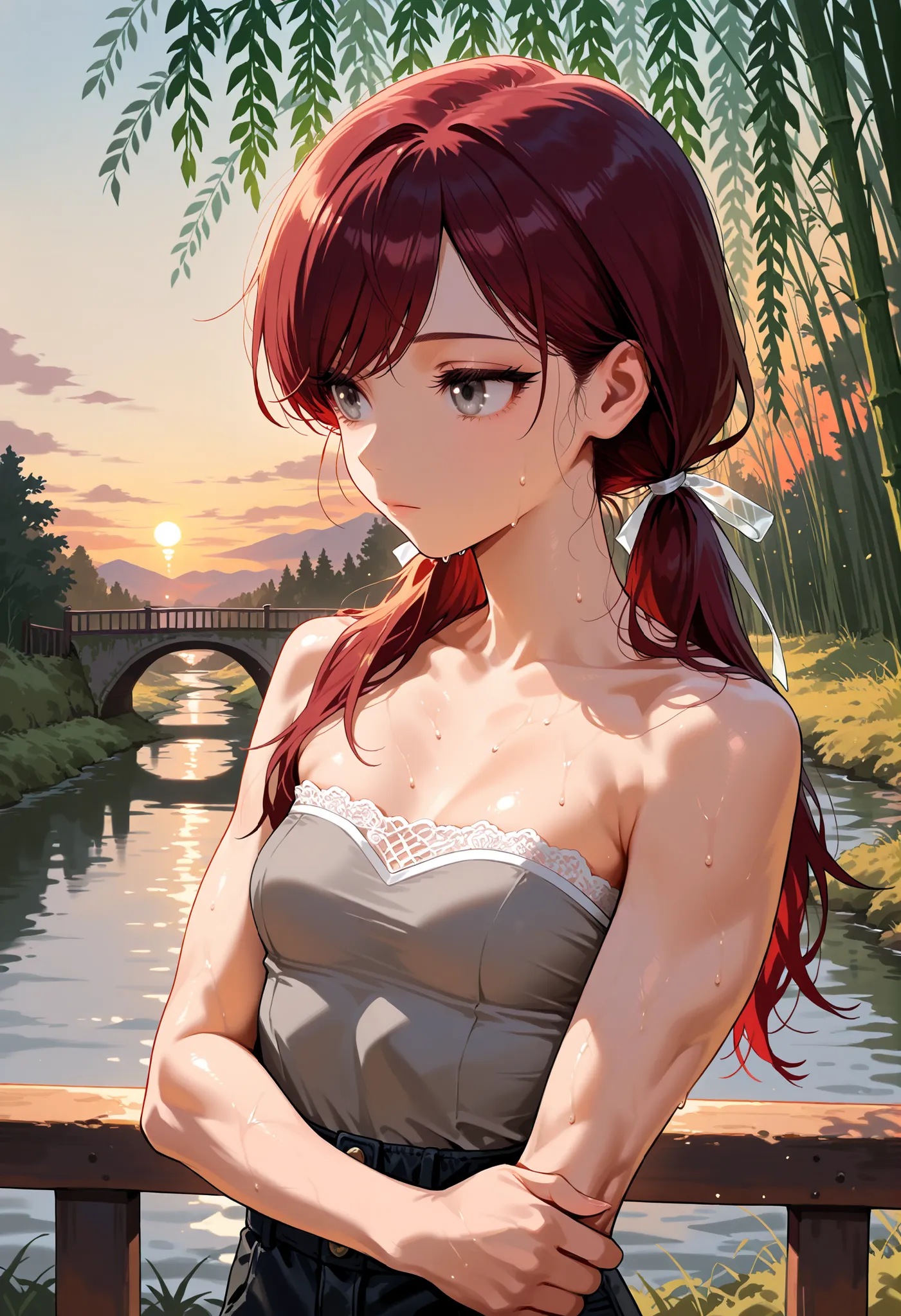 (masterpiece:1.2, Best Quality), (finely detailed beautiful eye: 1.2), (beautiful detailed face), intricate details, looking away, sweat, expressionless girl, long hair, low twin tails, eyelashes, gray eyes, holding own arm, small breasts, slightly toned ...