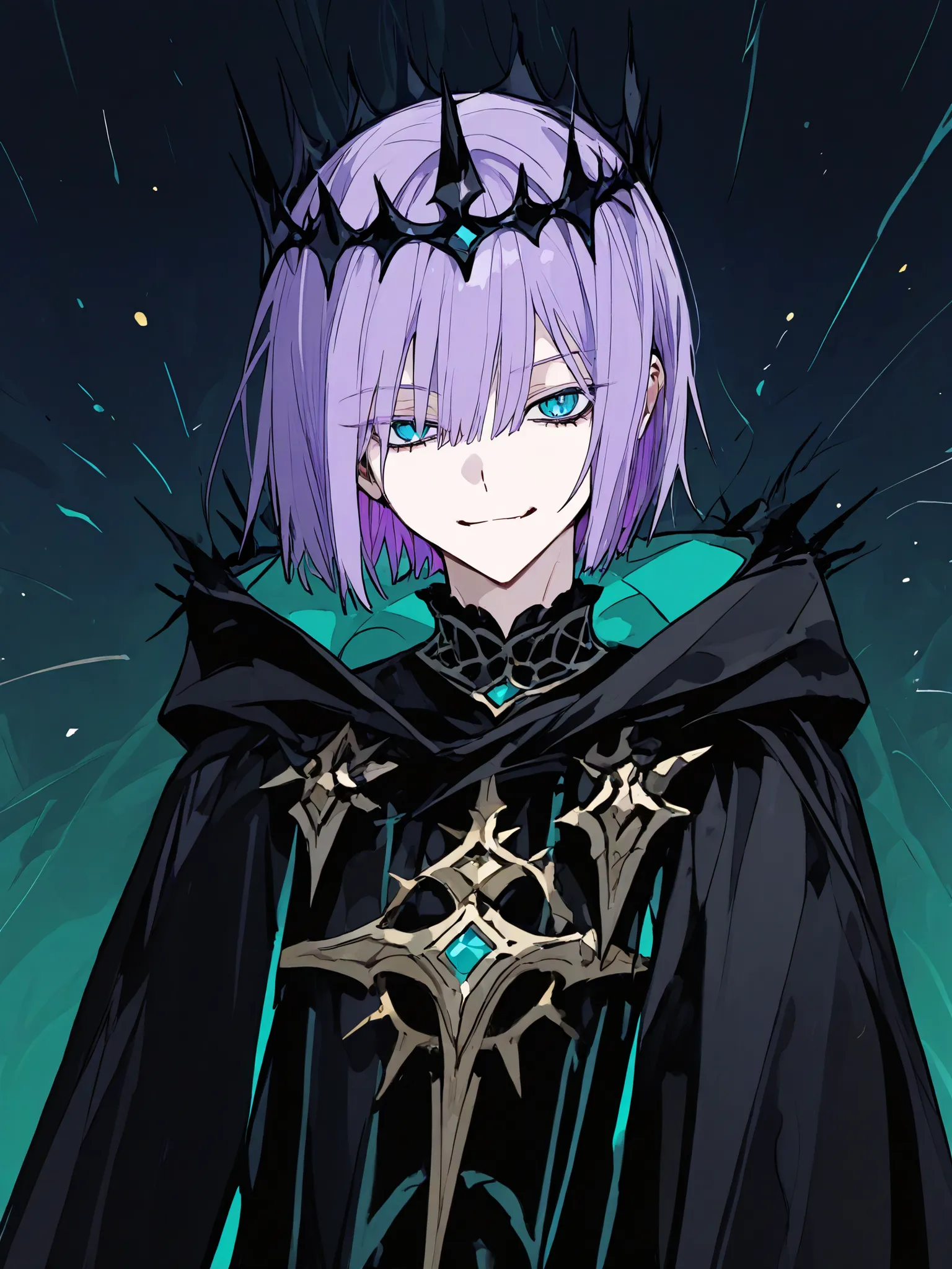 Male,purple hair,Blue and green eyes,short hair, black crown ,black cloak,slim,short hair,smile, Fly King,short hair