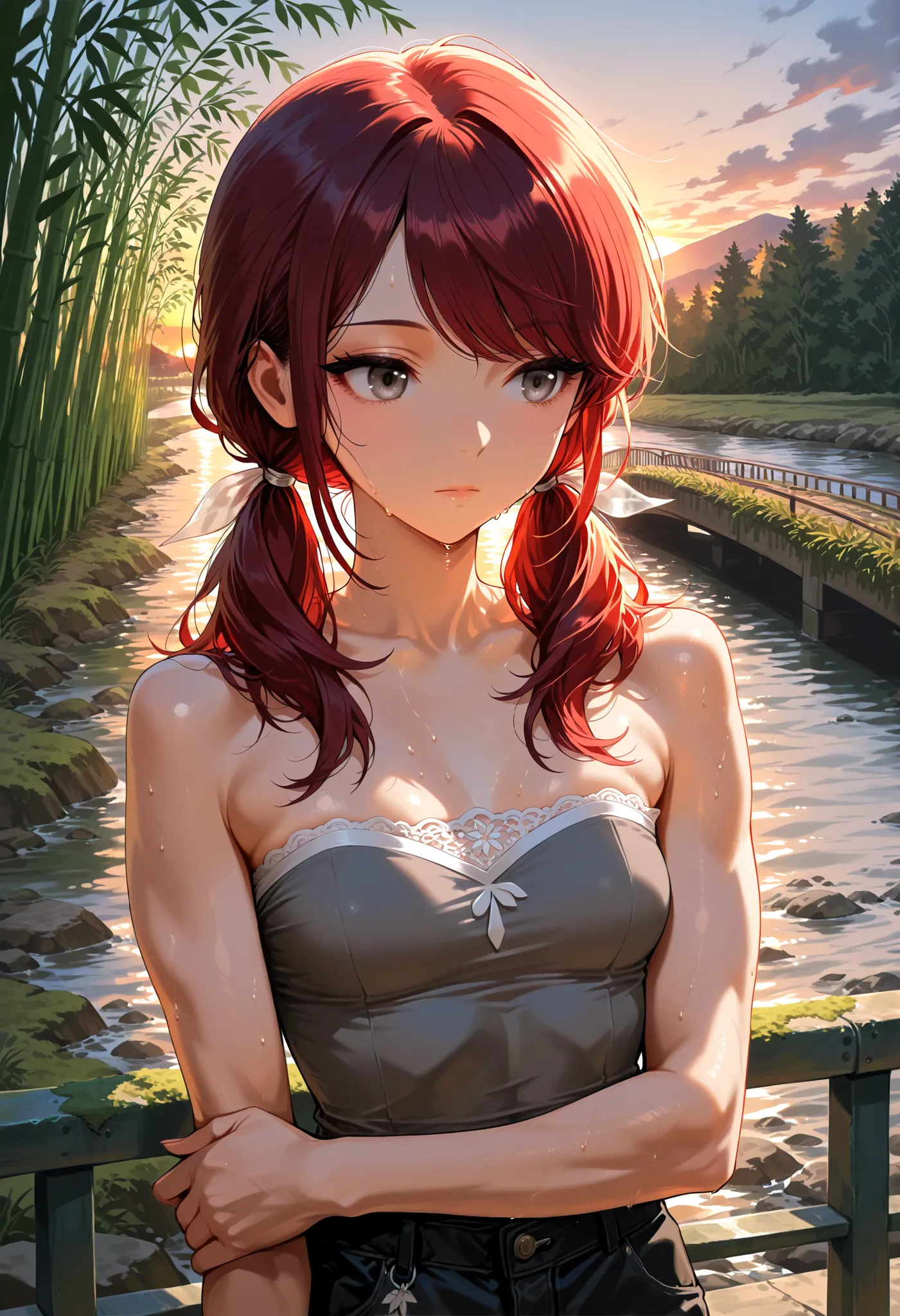 (masterpiece:1.2, Best Quality), (finely detailed beautiful eye: 1.2), (beautiful detailed face), intricate details, looking away, sweat, expressionless girl, long hair, low twin tails, eyelashes, gray eyes, holding own arm, small breasts, slightly toned ...