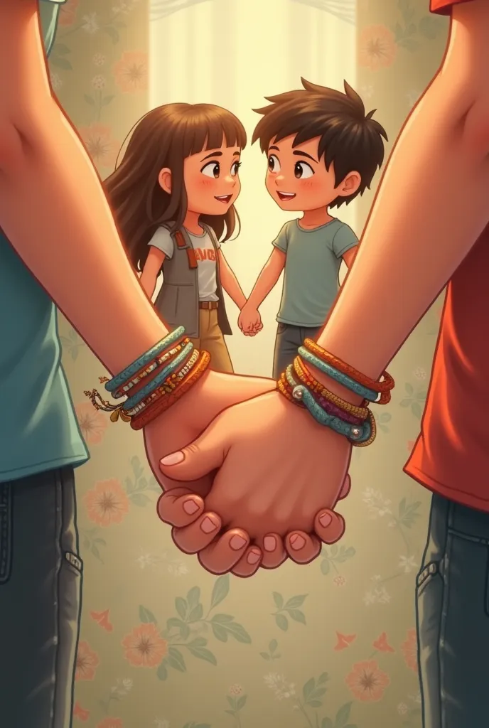 Image that symbolises friendiship among a girl, and two boys, wallpaper style, for example hands and matching bracelets 
