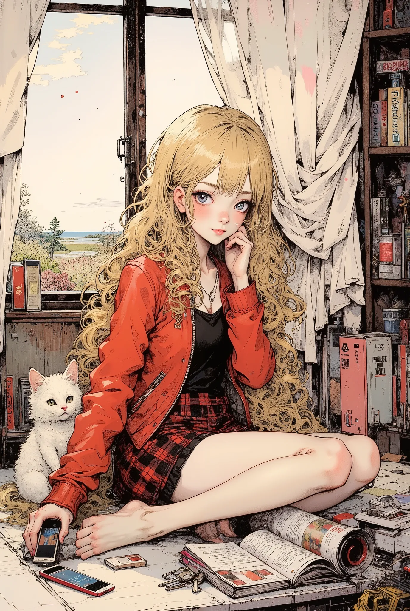  Anime girl lying on the floor holding her face with both hands at the sides of her chin,   Her long wavy blonde hair falls on her shoulders  ,   is wearing shiny red lips  ,   Long False Eyelashes  ,  flickered brightly  ,   She is wearing a red leather j...