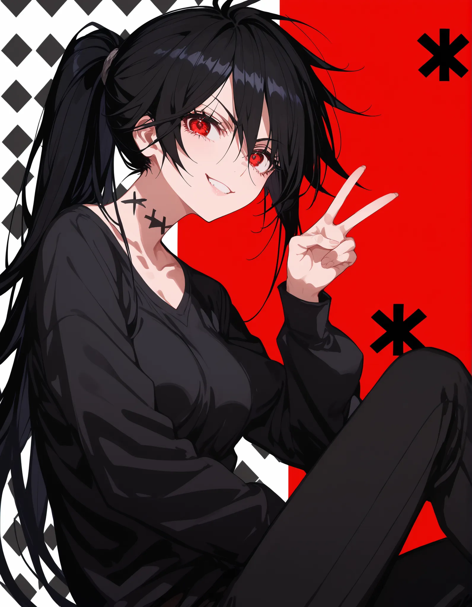 1 person,girl,ผมสีดำ, Black hair,in red eyes,black shirt,Medium Breasts,Tomboy,slim,good figure,long hair, ponytail,Anime,X markที่คอ,Pointed eyes ,Fierce face,,milf, black pants ,Black mark,neck mark,Anime,Black Shirt,X mark,Long Sleeve Shirt, buttoned ,,...