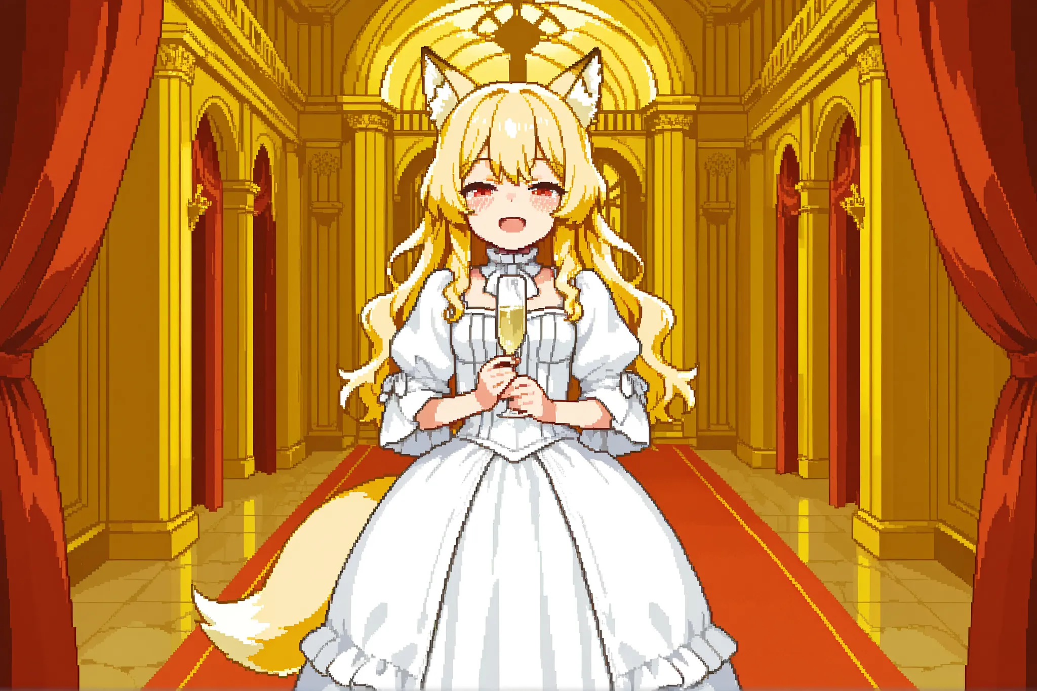 score_9, score_8_up, score_7_up, source_anime, 1girl, solo, pixel art, hoopdress BREAK 

Kemonomimi, fox ears, blonde hair, long hair, wavy hair, red eyes BREAK small breasts, fox tail, yellow tail BREAK 

Victorian_dress, white dress BREAK 

Looking at vi...