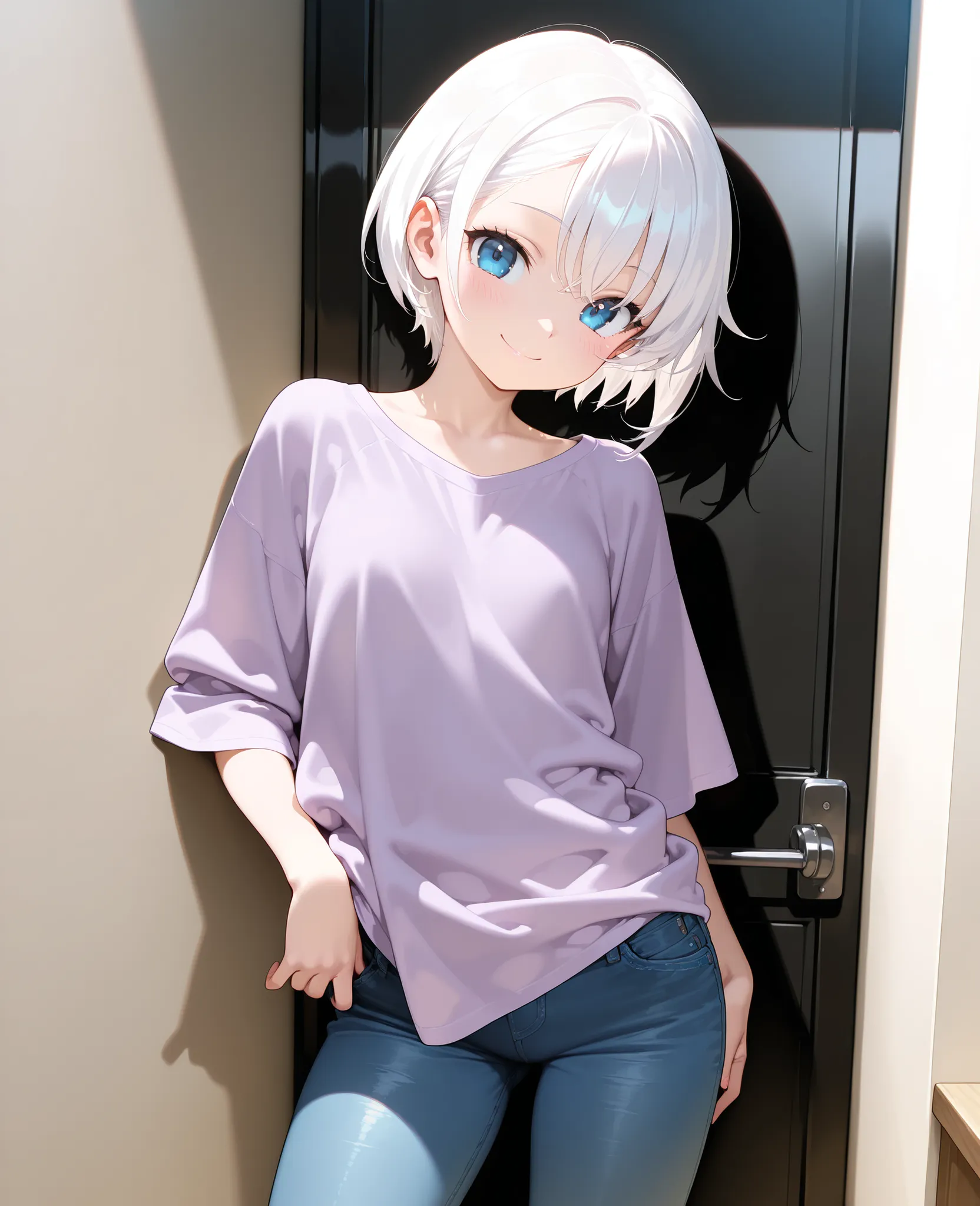 1girl, young woman, beautiful woman, 4K,masterpiece,SFW,girl,blue eyes,white hair,short hair, smiling, light blush, leaning backwards against small wall, loose fit, purple wide shirt, jeans