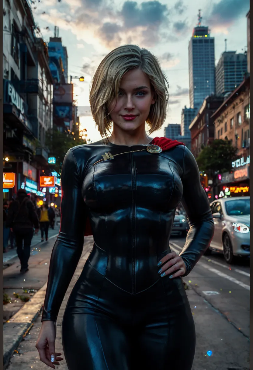 powergirl uniform, black, realistic portrait, cinematic lighting, detailed facial features, intense expression, powerful pose, dynamic action, urban city background, dramatic cloudy sky, neon lights, advanced 3D rendering, photorealistic, 8K, HDR, studio l...