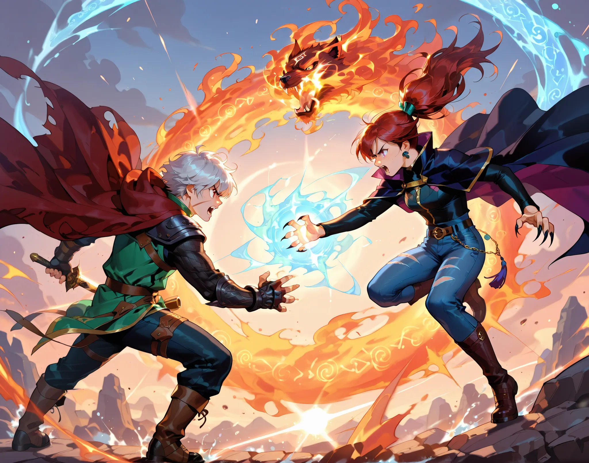 a dramatic battle scene between two anthropomorphic cat warriors, one casting elemental spells with fire and water, wearing a mage's cloak with runes, and the other a wild-haired fighter in leather and denim, slashing through magic with claws and energy, e...