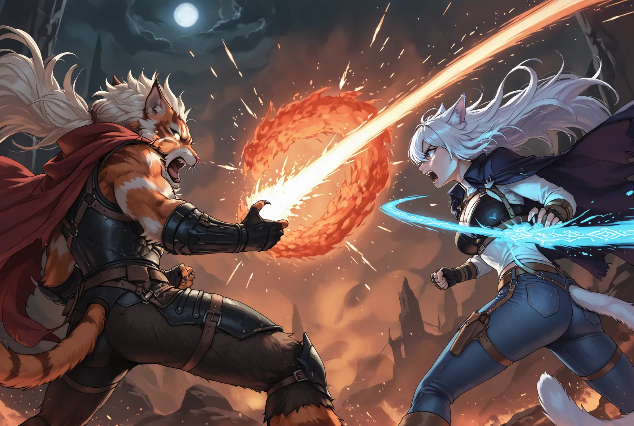 a dramatic battle scene between two anthropomorphic cat warriors, one casting elemental spells with fire and water, wearing a mage's cloak with runes, and the other a wild-haired fighter in leather and denim, slashing through magic with claws and energy, e...