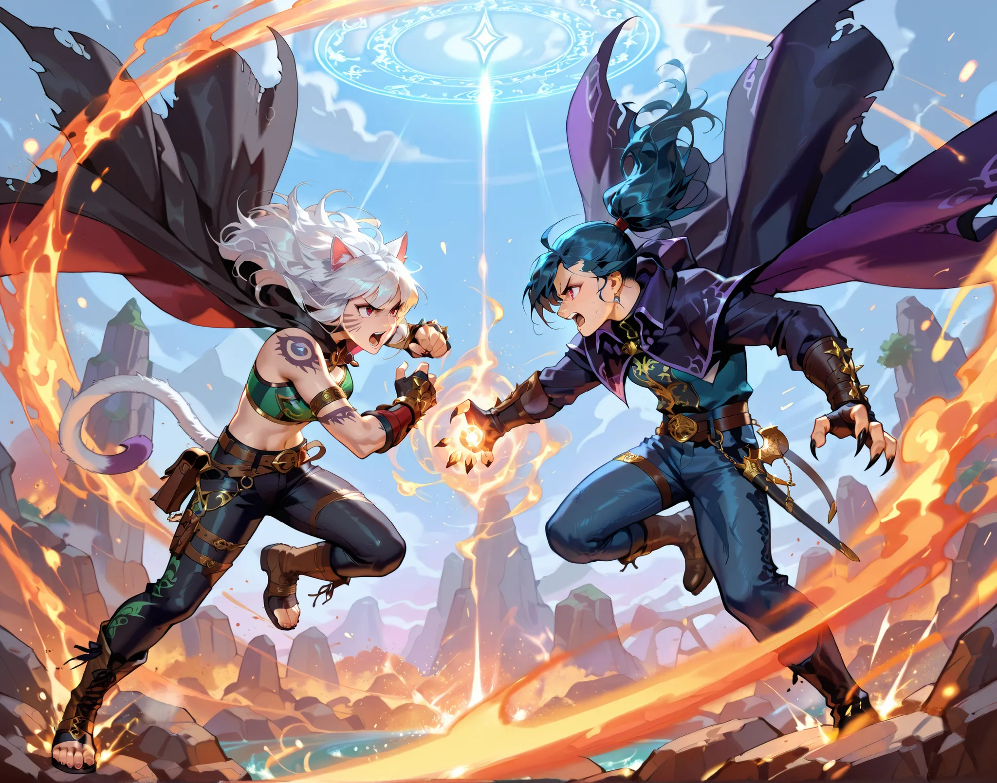 a dramatic battle scene between two anthropomorphic cat warriors, one casting elemental spells with fire and water, wearing a mage's cloak with runes, and the other a wild-haired fighter in leather and denim, slashing through magic with claws and energy, e...
