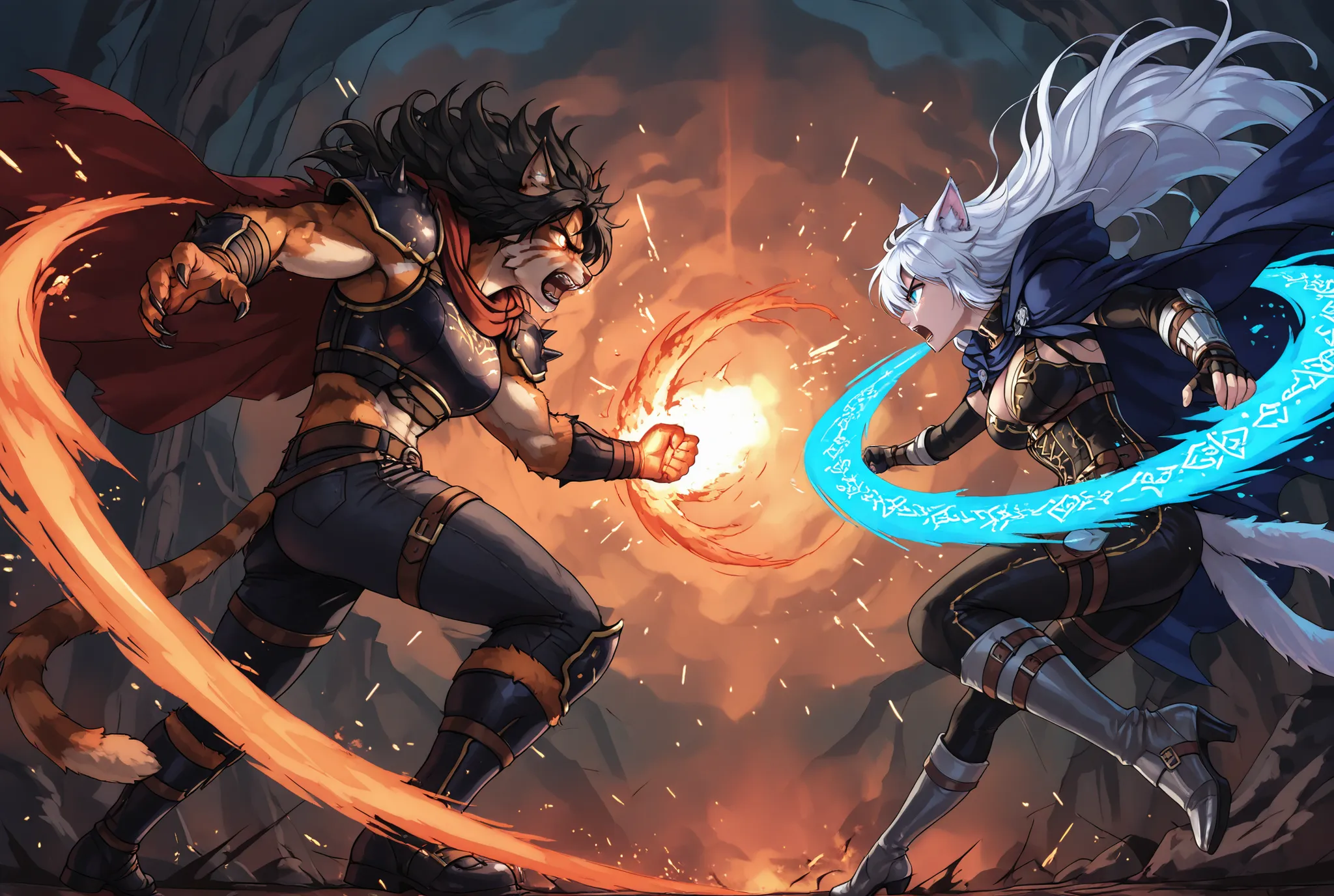 a dramatic battle scene between two anthropomorphic cat warriors, one casting elemental spells with fire and water, wearing a mage's cloak with runes, and the other a wild-haired fighter in leather and denim, slashing through magic with claws and energy, e...