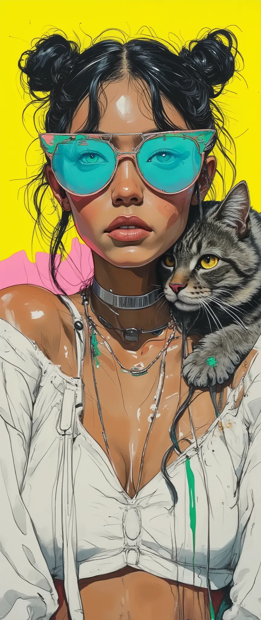 Sketch, drawing, sketch, sketch, close-up of a girl artist, large angle, big eyes, blue eyes, dark curly hair, buns, pink sunglasses, eyes through glasses, white shirt, choker necklace, round pendant, melancholic expression, thoughtful expression,beautiful...