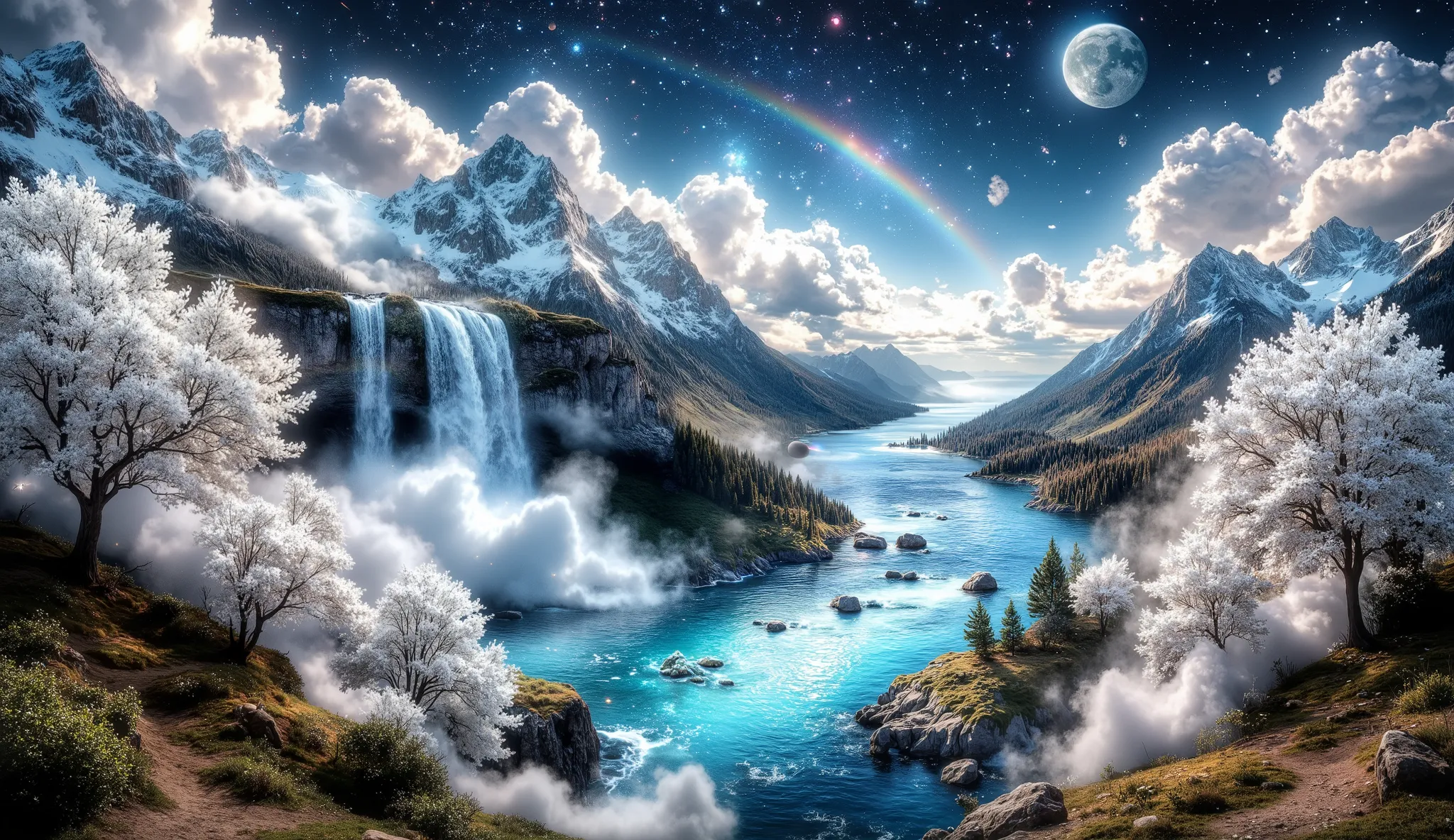 masterpiece, a large waterfall, a large ocean, a large forest of white flowers, a large number of clouds everywhere, a planet in the sky and stars, a large waterfall magica muy detalladas, a rainbow , beautiful emerald flower forest stunning color, A Rai...