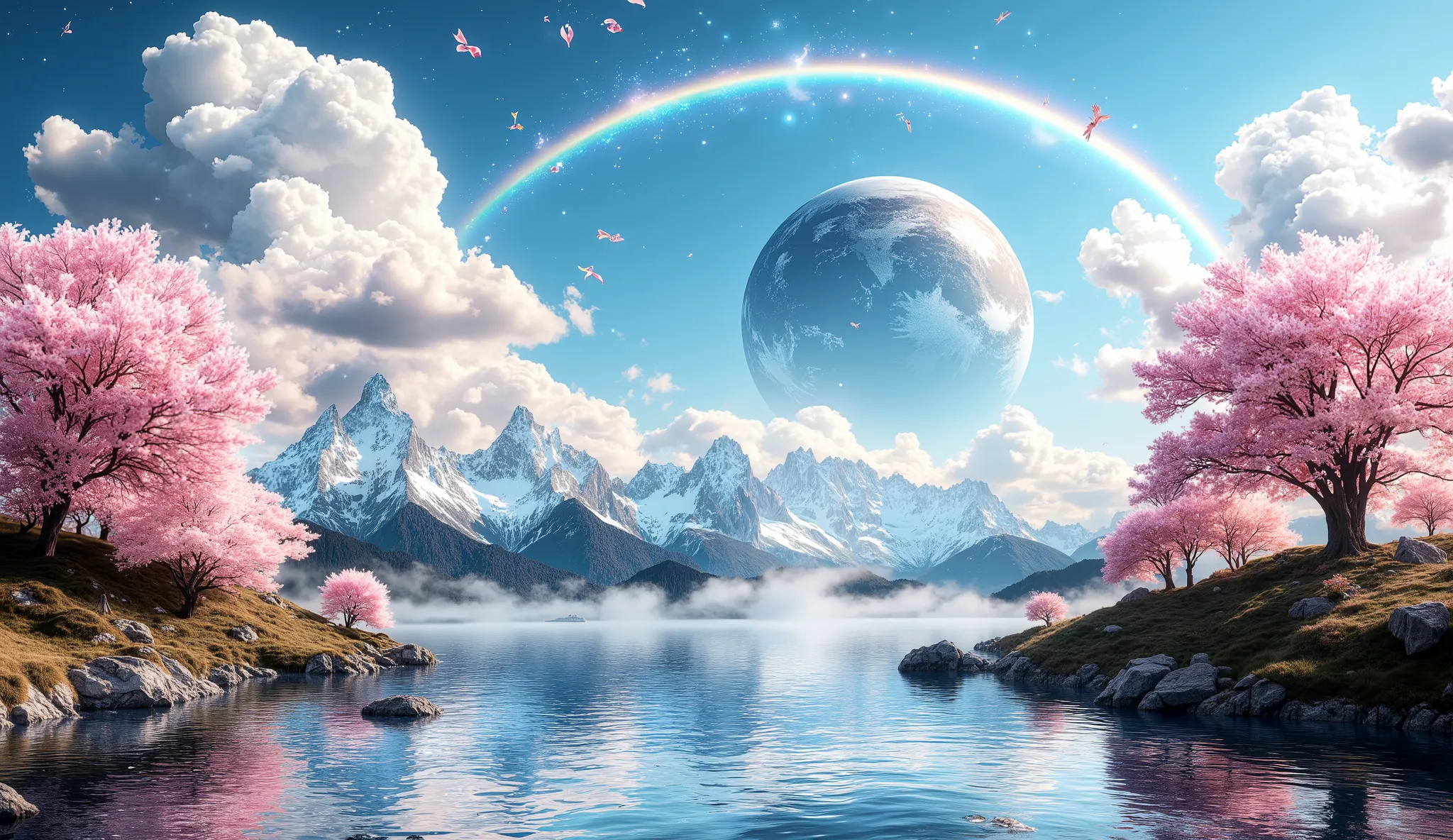 (( Astonishingly )),(masterpiece:1.2),超high resolution, Attention to detail, High Quality, high resolution, 最High Quality, 4k, 8K、 very beautiful、landscape、landscape画、Infinite blue sky、A rainbow appears、There are a lot of buildings、cherry blossom leaves fl...
