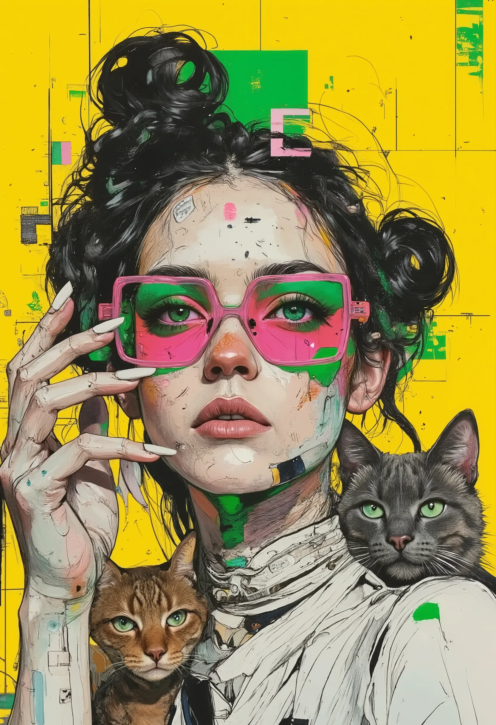 Sketch, drawing, sketch, sketch, close-up of a girl artist, large angle, big eyes, blue eyes, dark curly hair, buns, pink sunglasses, eyes through glasses, white shirt, choker necklace, round pendant, melancholic expression, thoughtful expression,beautiful...