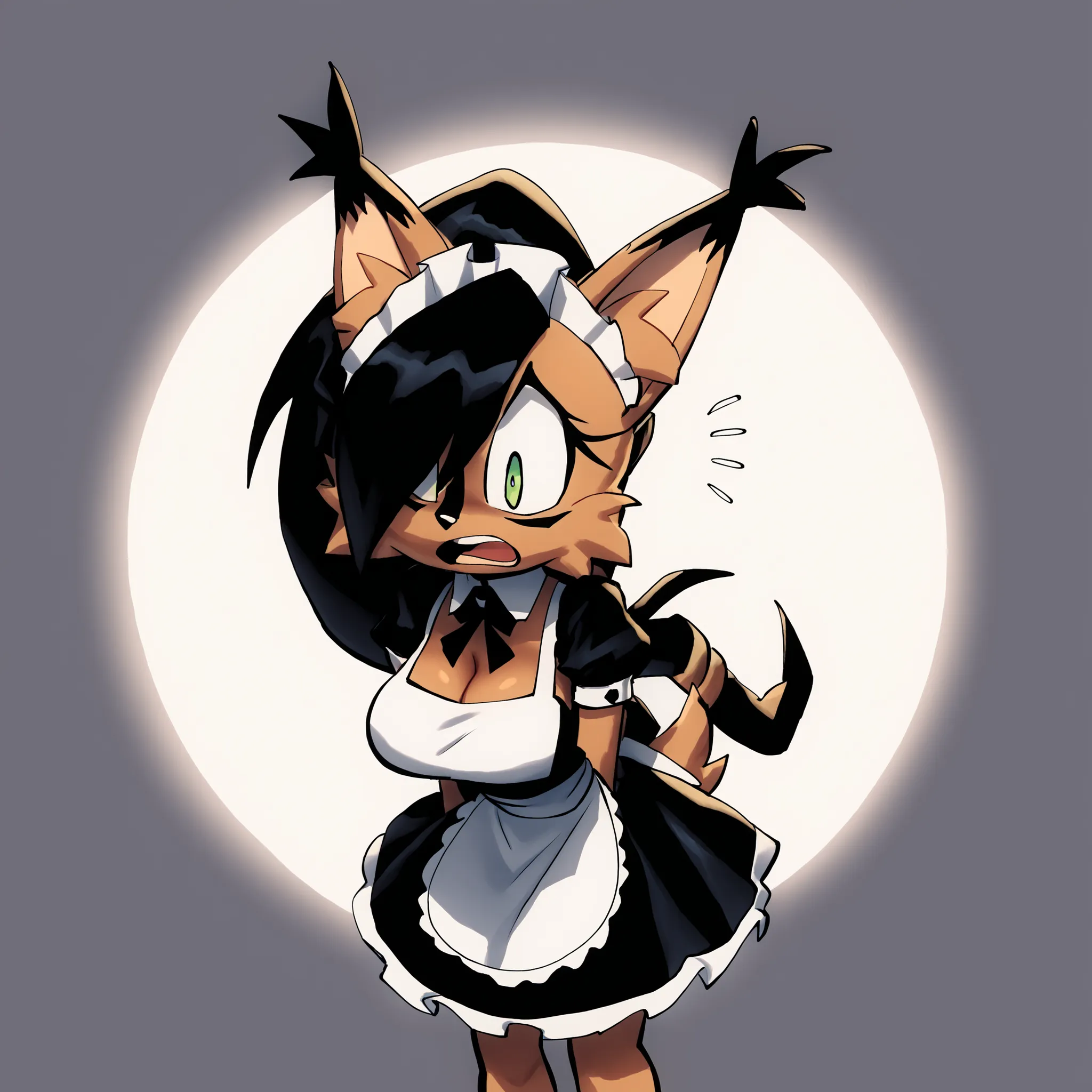 (Hair bangs over one eye), long black hair, (long hair), ((long ponytail)), wide ponytail, nicole the lynx, green eyes, black hair, brown fur, clothing forming digitally, ((maid dress)), pixels flying around, pixels forming dress, Mobian Lynx, 1girl, (Lynx...