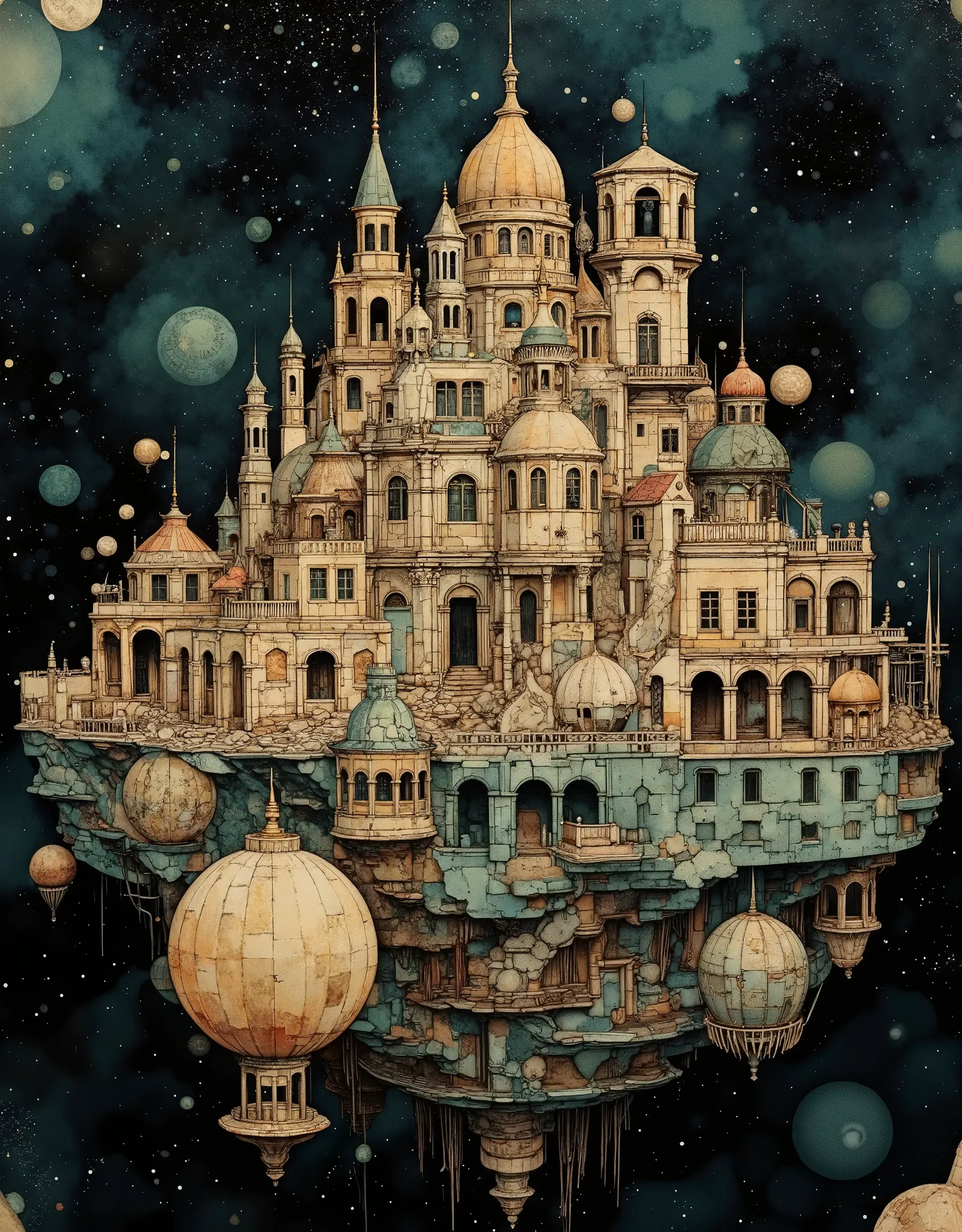 a huge very old ruins of ancient city with Ancient European Architecture is floating In Outer Space, advanced culture and civilization can be seen, many meteorites are drifting around, very beautiful Ancient Architecture landscape photo,very realistic imag...
