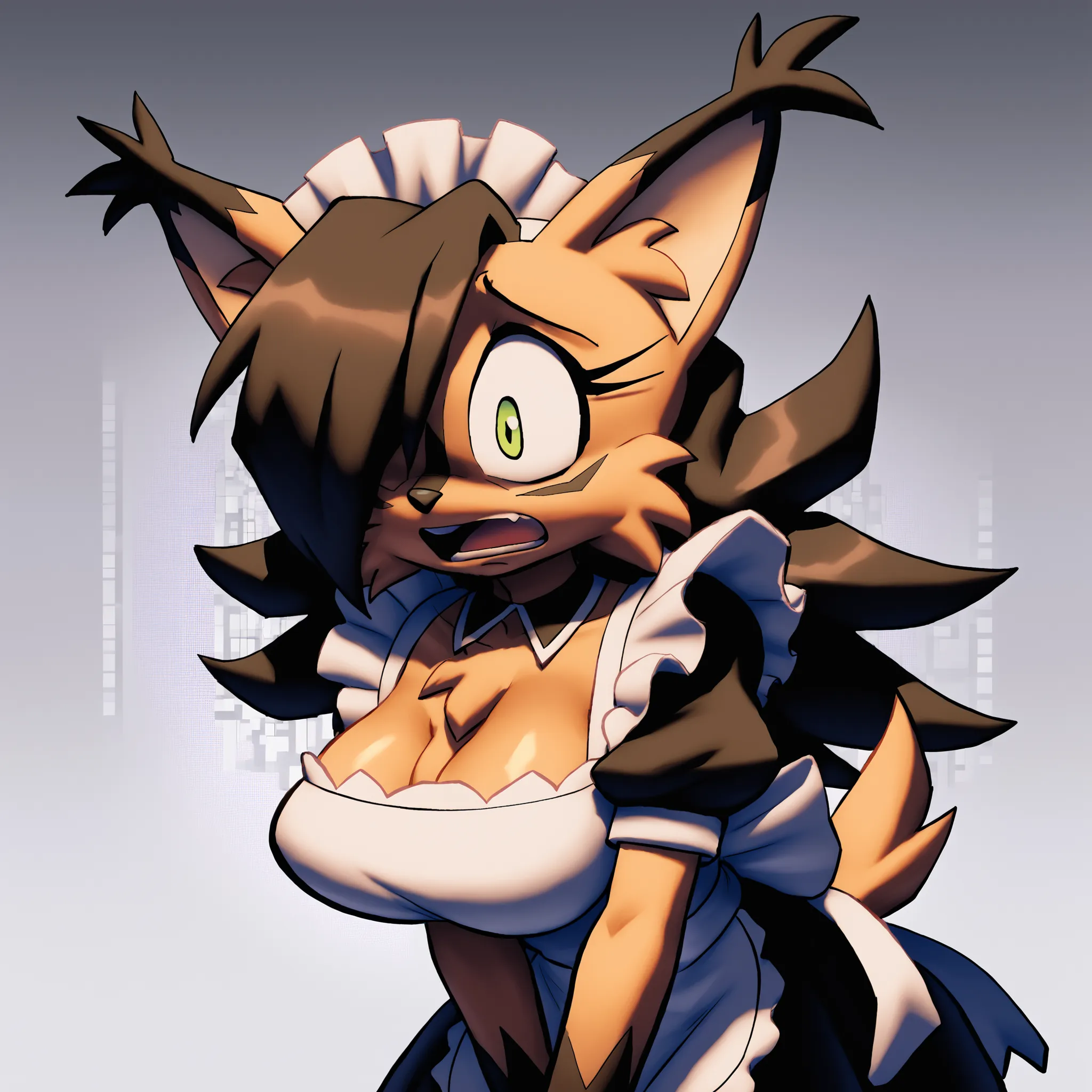 (Hair bangs over one eye), long black hair, ((long hair)), nicole the lynx, green eyes, black hair, brown fur, (clothing forming digitally), ((maid dress)), (pixels flying around), ((pixels forming dress)), Mobian Lynx, 1girl, (Lynx), bigdad/character, (Mo...