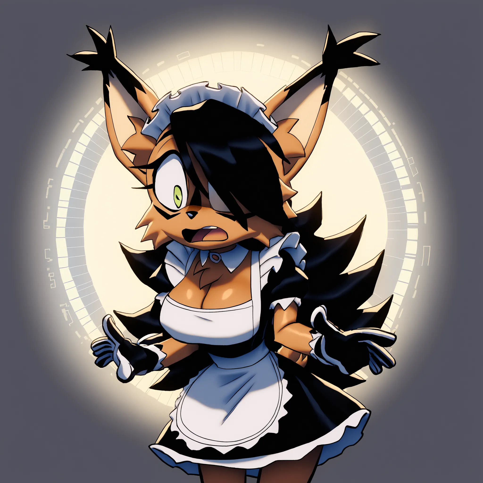 (Hair bangs over one eye), long black hair, ((long hair)), nicole the lynx, green eyes, black hair, brown fur, (clothing forming digitally), ((maid dress)), (pixels flying around), ((pixels forming dress)), Mobian Lynx, 1girl, (Lynx), bigdad/character, (Mo...