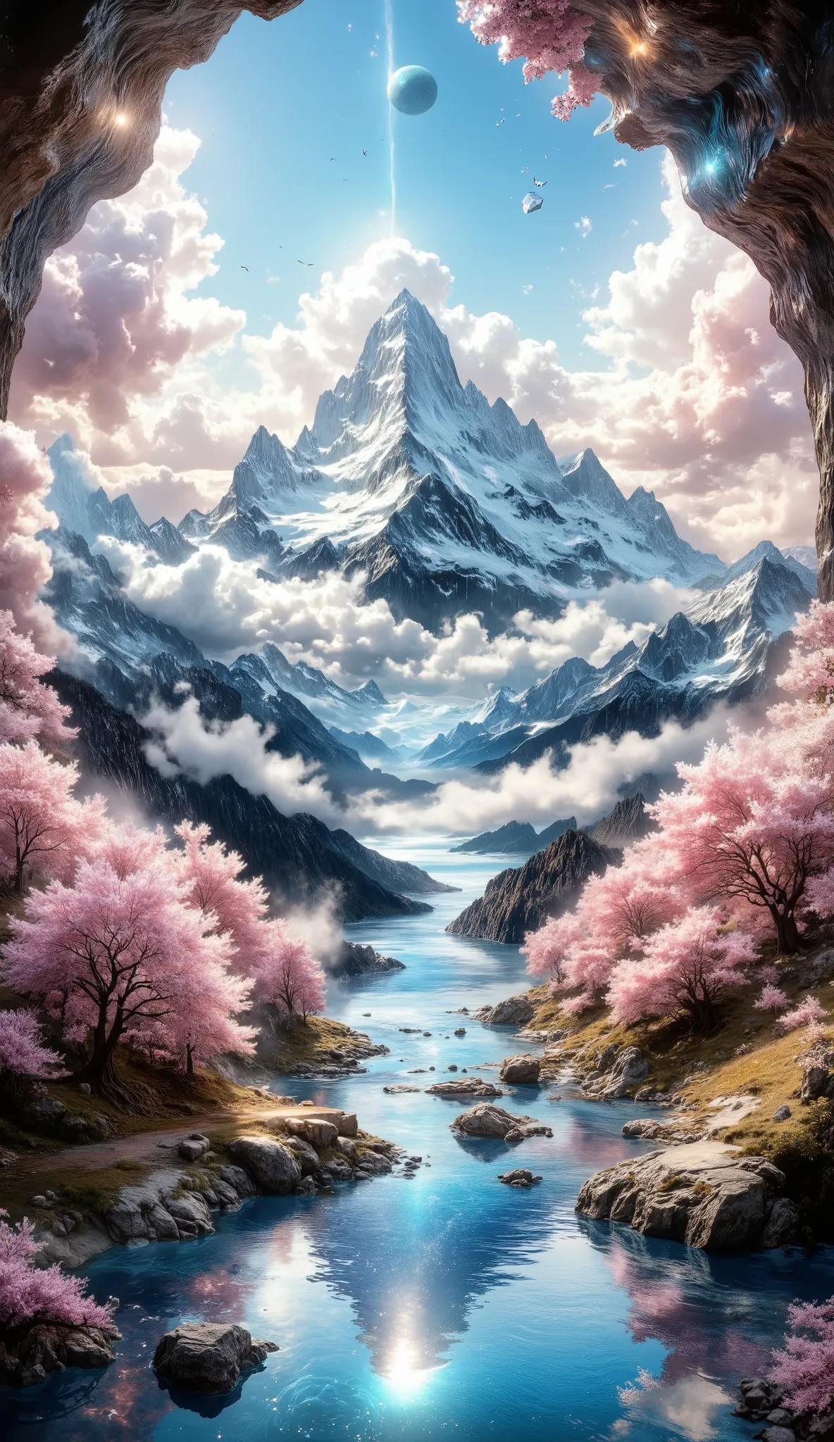 masterpiece, a very beautiful dimensional portal, A large ocean, a large cherry blossom forest, many clouds everywhere, a planet in the sky and stars, un portal dimensional muy detailed, beautiful cherry blossom forest of stunning color, clouds all over th...
