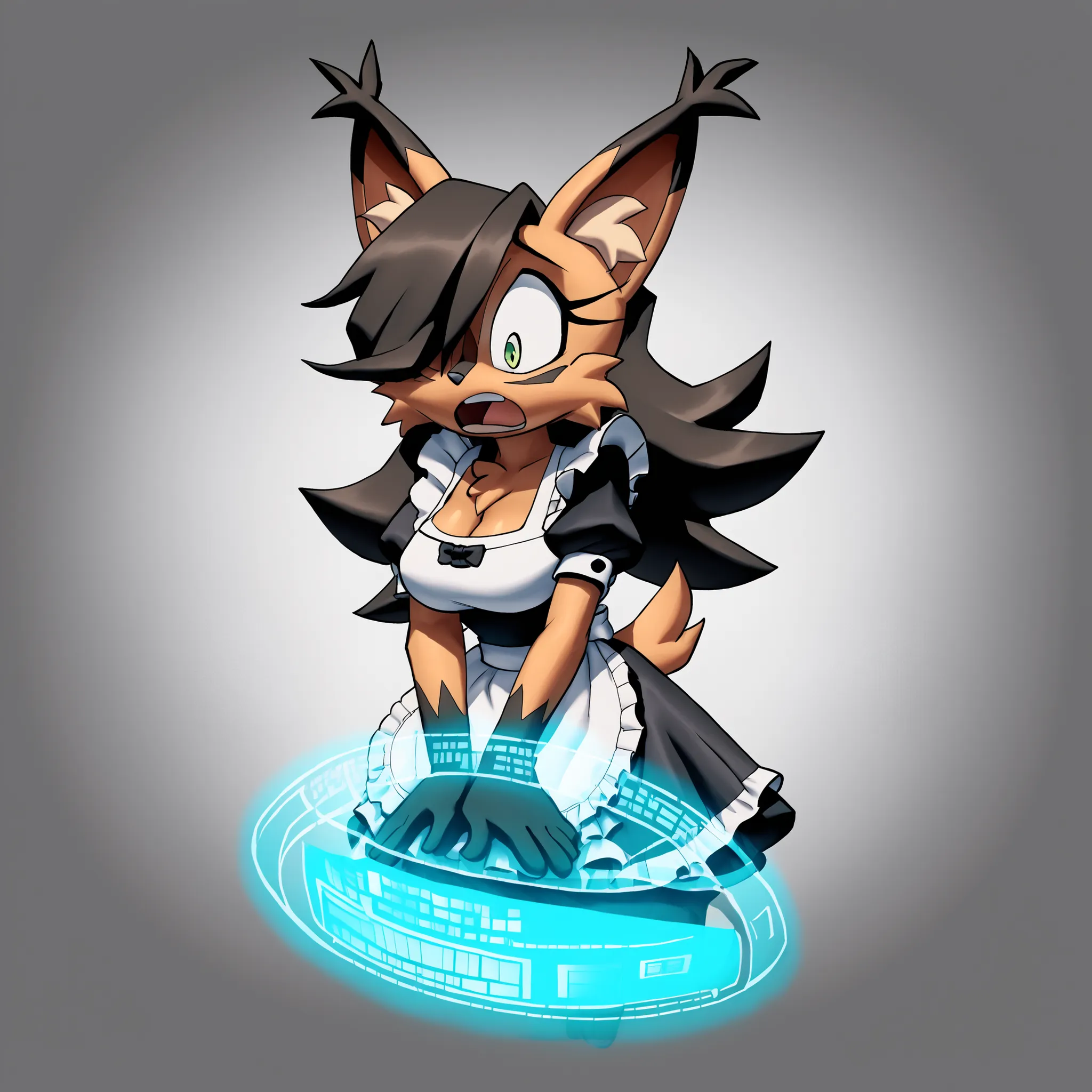 (Hair bangs over one eye), long black hair, ((long hair)), nicole the lynx, green eyes, black hair, brown fur, ((clothing forming holographically)), ((maid dress)), (pixels flying around), (((holographic pixels creating dress))), Mobian Lynx, 1girl, floati...