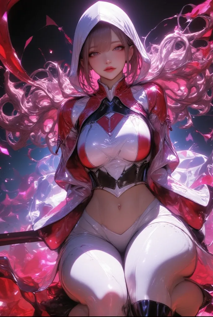  Character Malenia from the game Elder Ring leaping towards the viewer with a slashing attack from her sword, her blood-red hair fluttering in the middle of an action scene, her sword and armor relux, red particles hovering in the air and covering the ground, a large and beautiful tree in the background, natural lighting, ultra hd, masterpiece 