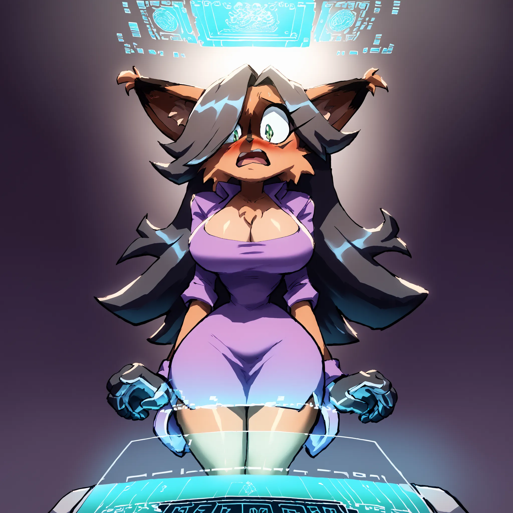 (Hair bangs over one eye), long black hair, ((long hair)), nicole the lynx, green eyes, black hair, brown fur, ((clothing forming holographically)), wide hips, narrow waist, large breasts, (purple jacket), pencil skirt, (pixels flying around), (((holograph...