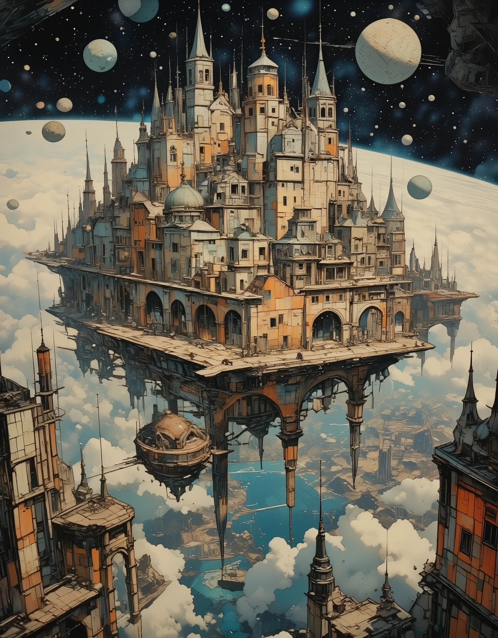 a huge very old ruins of ancient city with Ancient European Architecture is floating In Outer Space, advanced culture and civilization can be seen, many meteorites are drifting around, very beautiful Ancient Architecture landscape photo,very realistic imag...