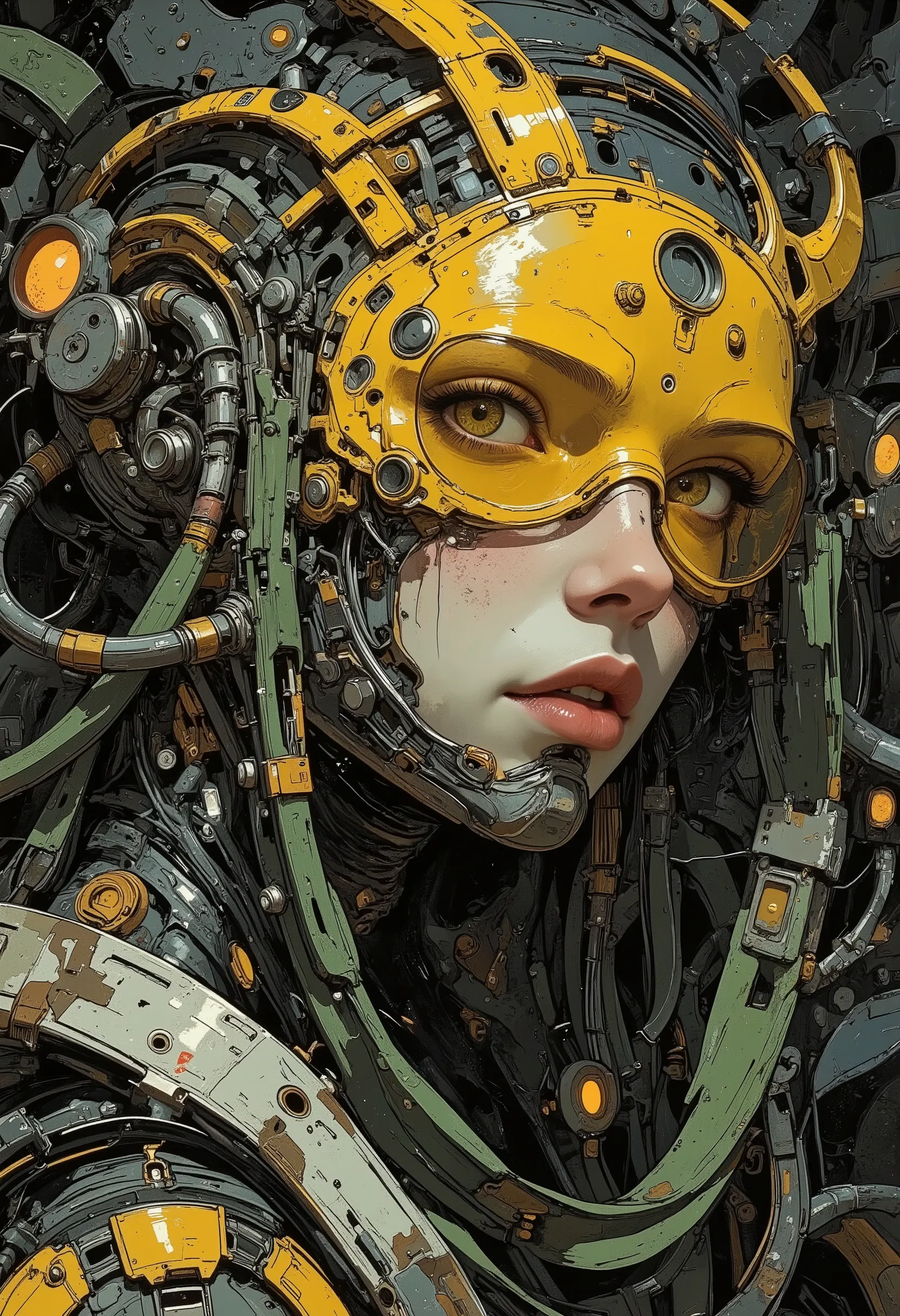 High quality professional illustration of a mesmerizing work of art, a captivating poster combining the styles of Hieronymus Bosch and Hans Rudolf "Rudi" Giger, depicting a space shuttle decorated with numerous otherworldly, metallic, aged elements. The tu...